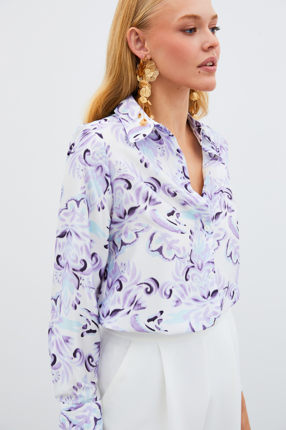 Çiçek Desenli Gömlek - LİLA