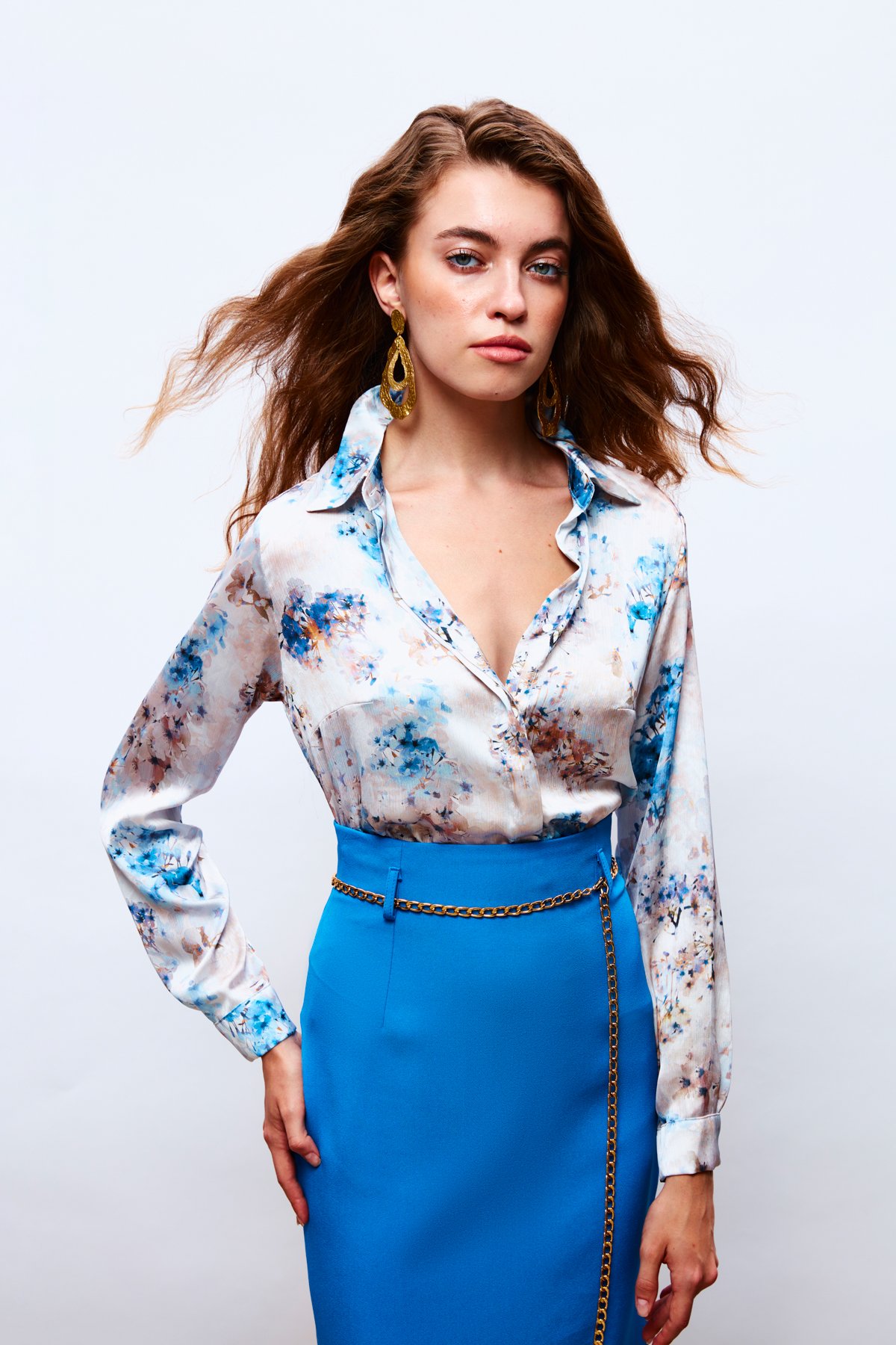 Çiçek Desenli Gömlek - MAVİ