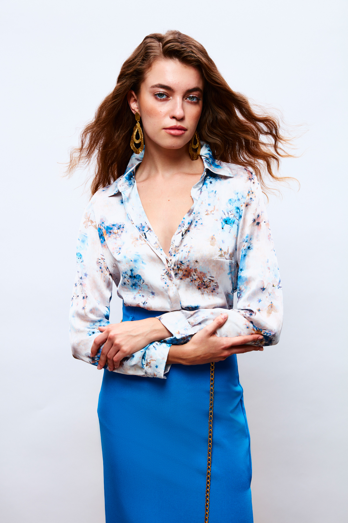 Çiçek Desenli Gömlek - MAVİ