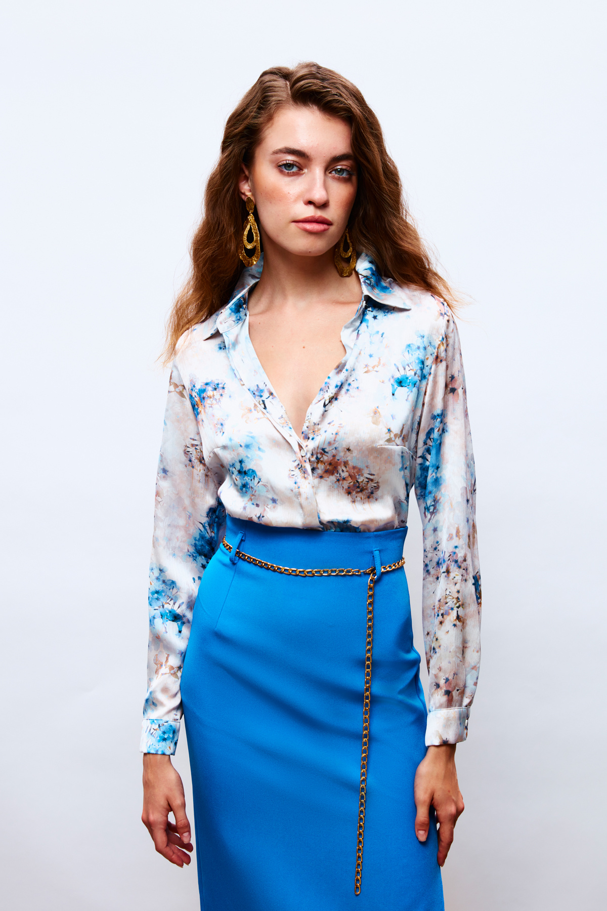 Çiçek Desenli Gömlek - MAVİ