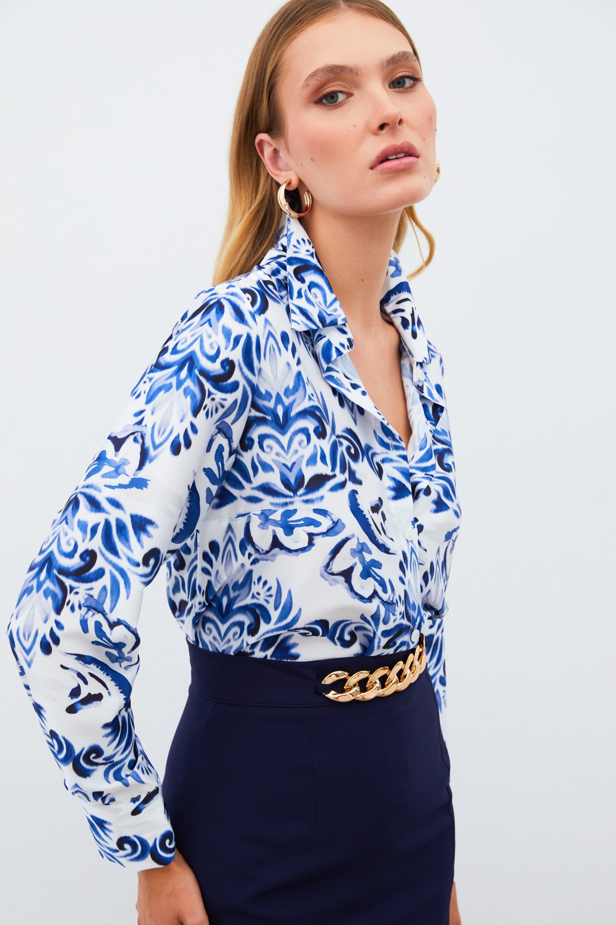 Çiçek Desenli Gömlek - SAX MAVİ