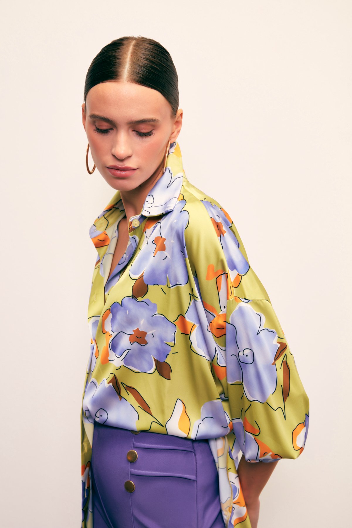 Çiçek Desenli Oversize Gömlek - OLİVE
