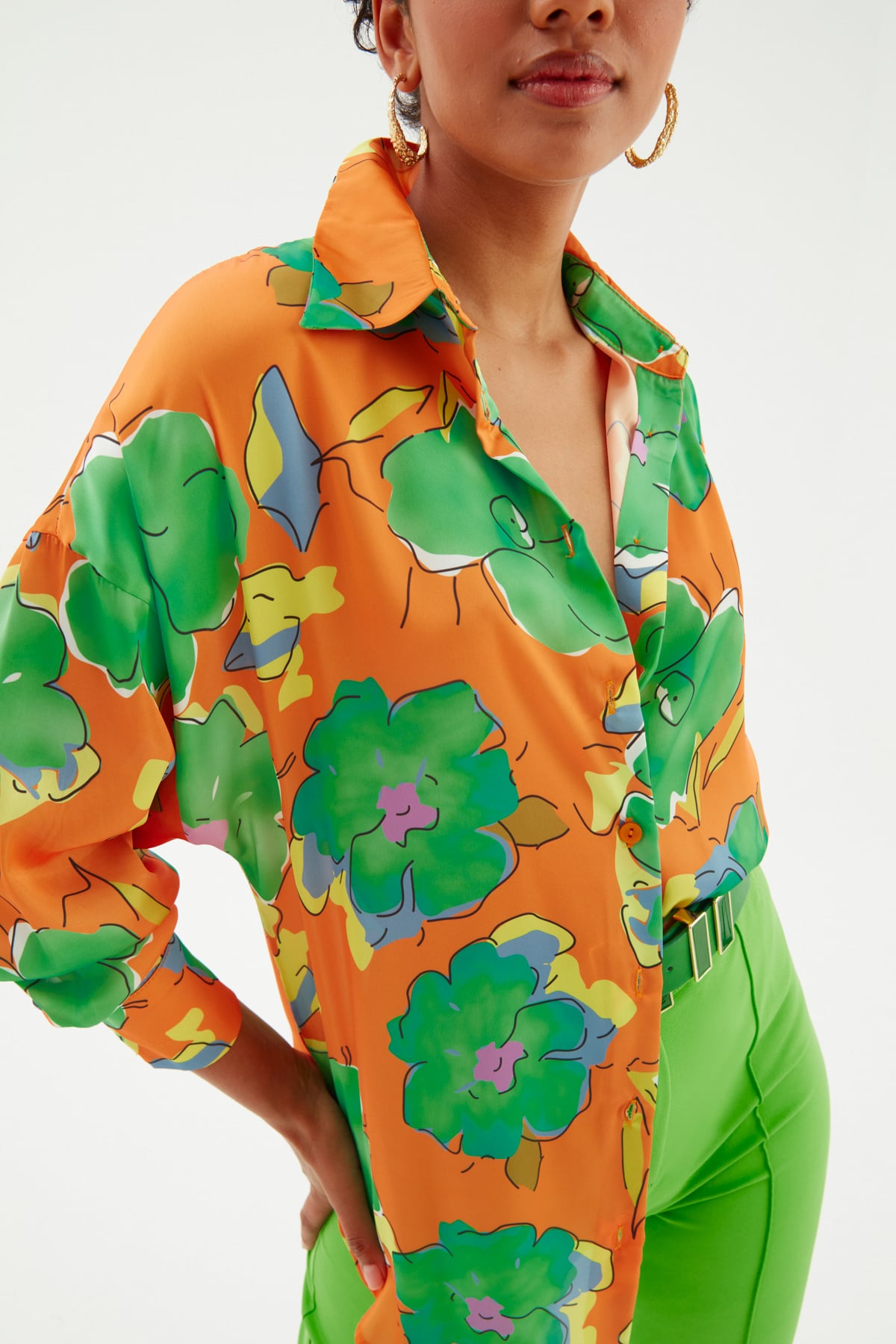 Çiçek Desenli Oversize Gömlek - ORANJ
