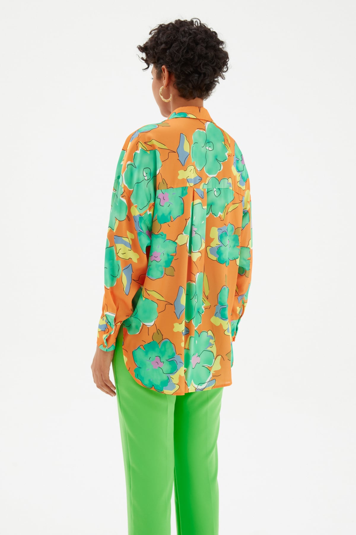 Çiçek Desenli Oversize Gömlek - ORANJ
