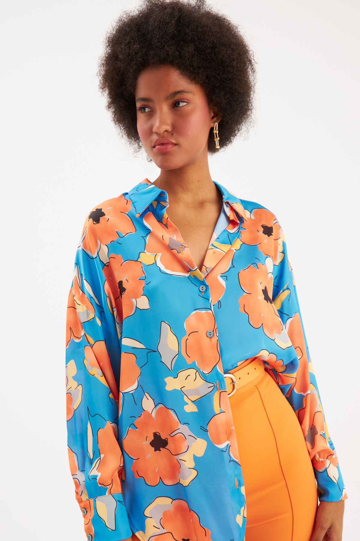 Floral Patterned Oversize Shirt - SAX BLUE
