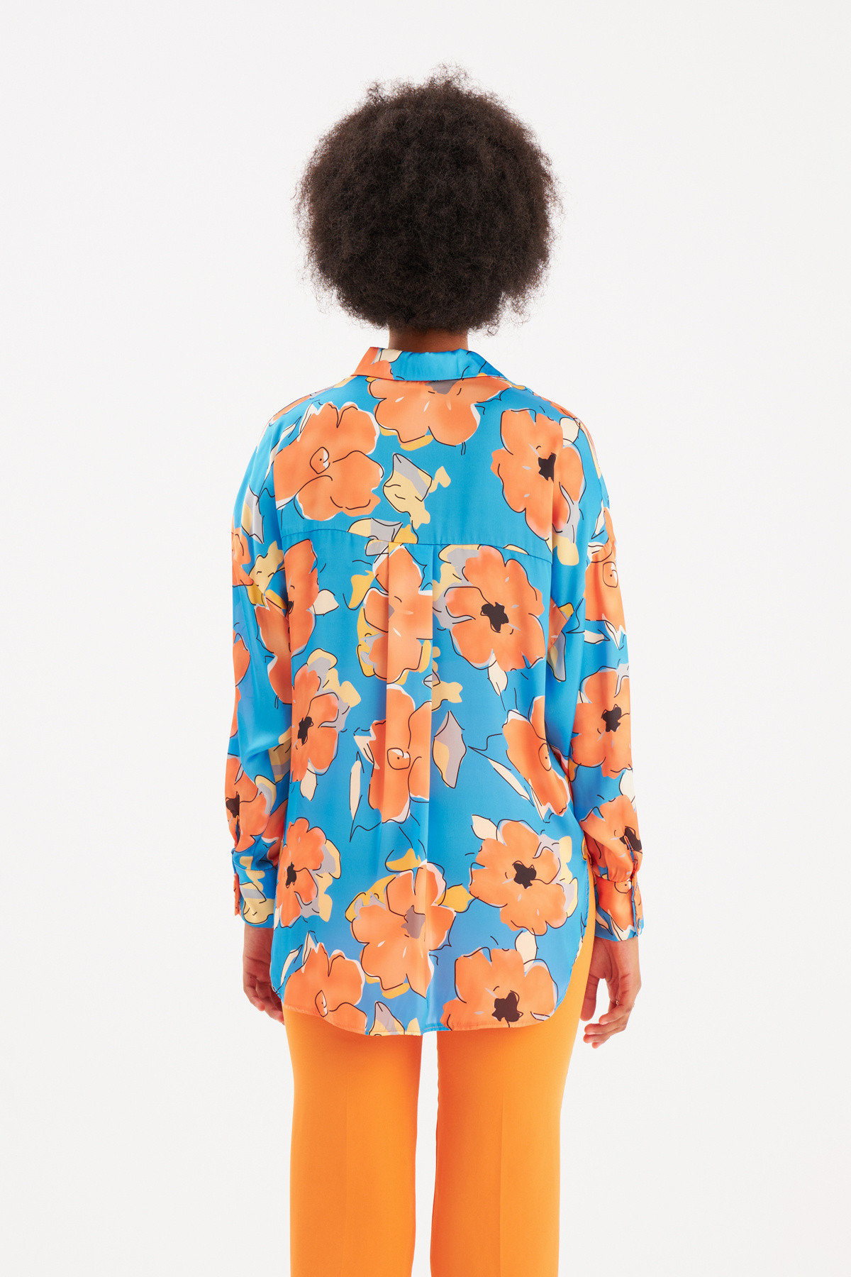 Floral Patterned Oversize Shirt - SAX BLUE