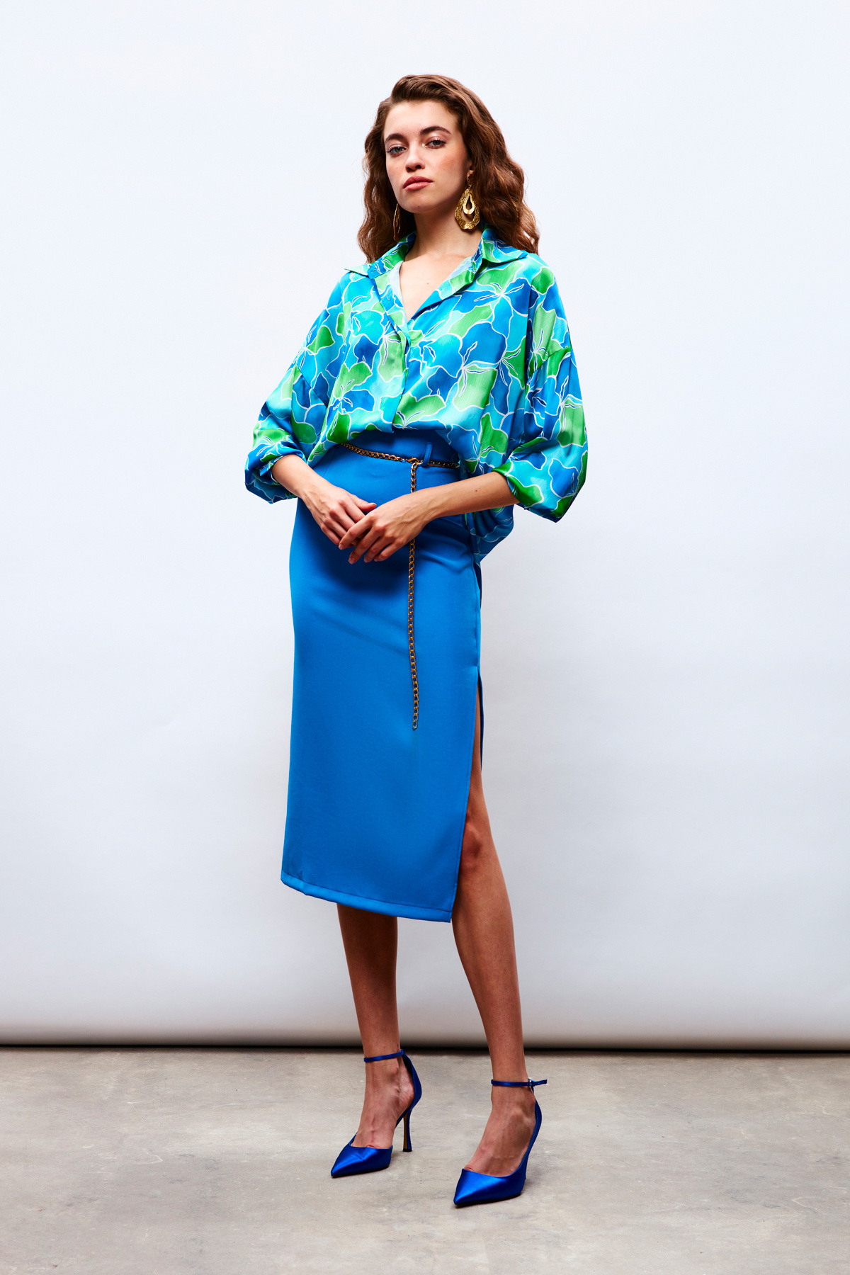 Çiçek Desenli Salaş Gömlek - LACİVERT-YEŞİL