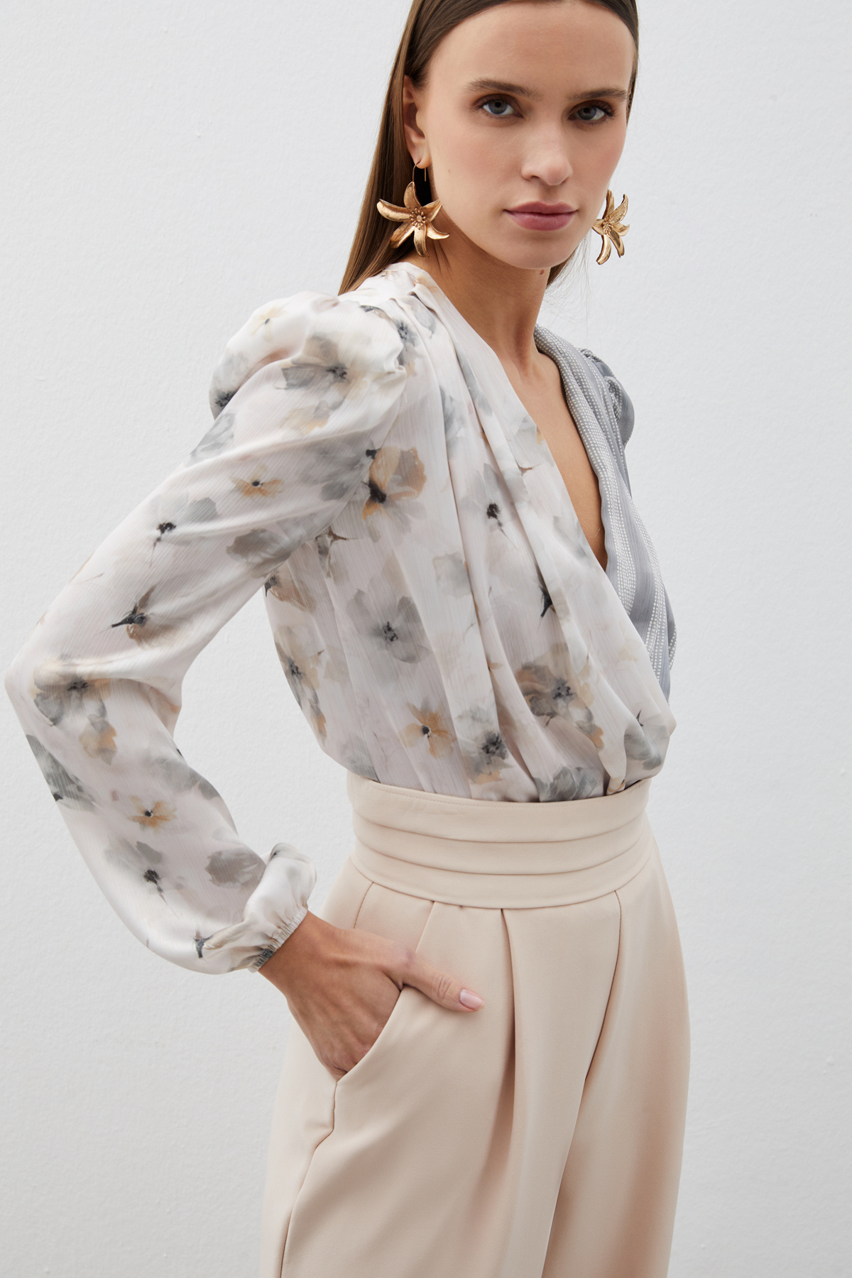 Çift Desenli Kruvaze Bodysuit Bluz - GRİ