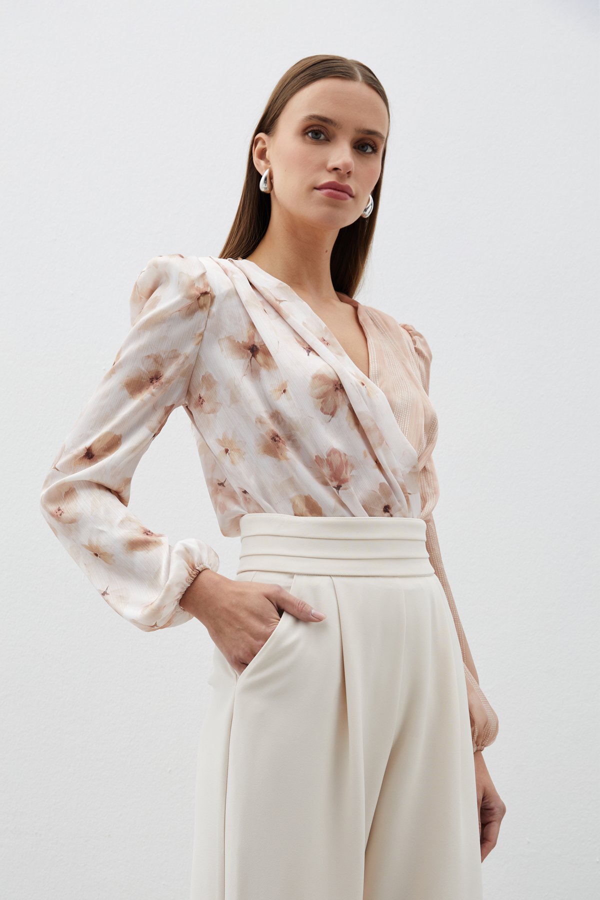 Çift Desenli Kruvaze Bodysuit Bluz - VİZON