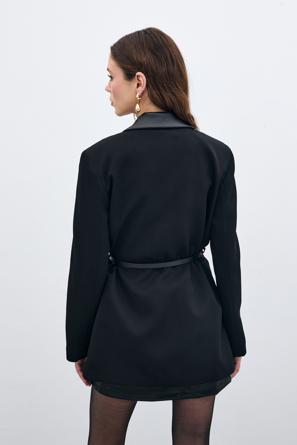 Çift Kemer Detaylı Ceket - Siyah