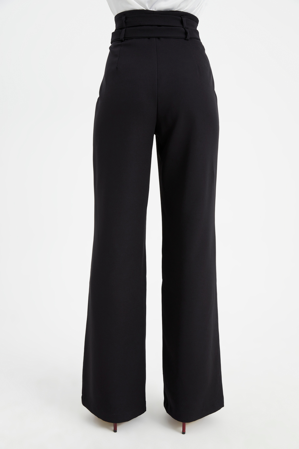 Çift kemerli geniş paça pantolon - SİYAH