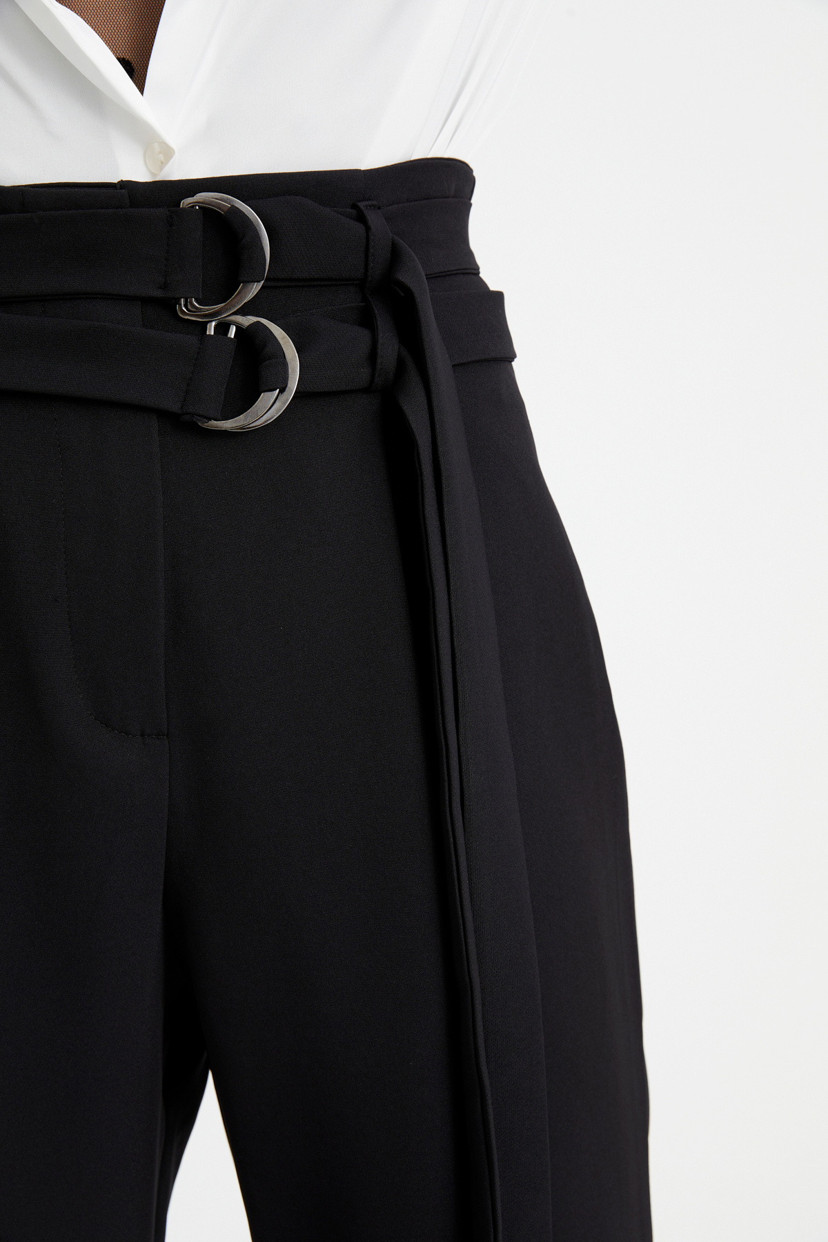 Çift kemerli geniş paça pantolon - SİYAH