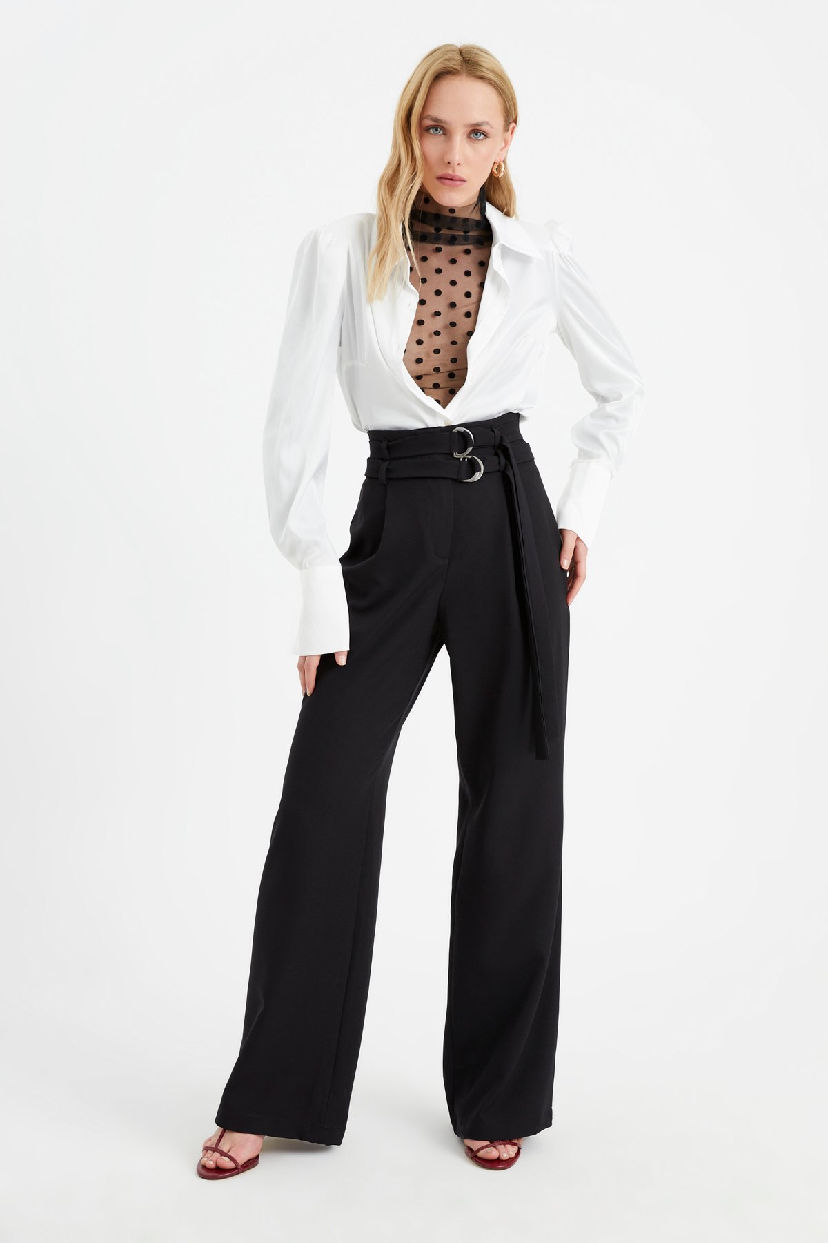 Çift kemerli geniş paça pantolon - SİYAH