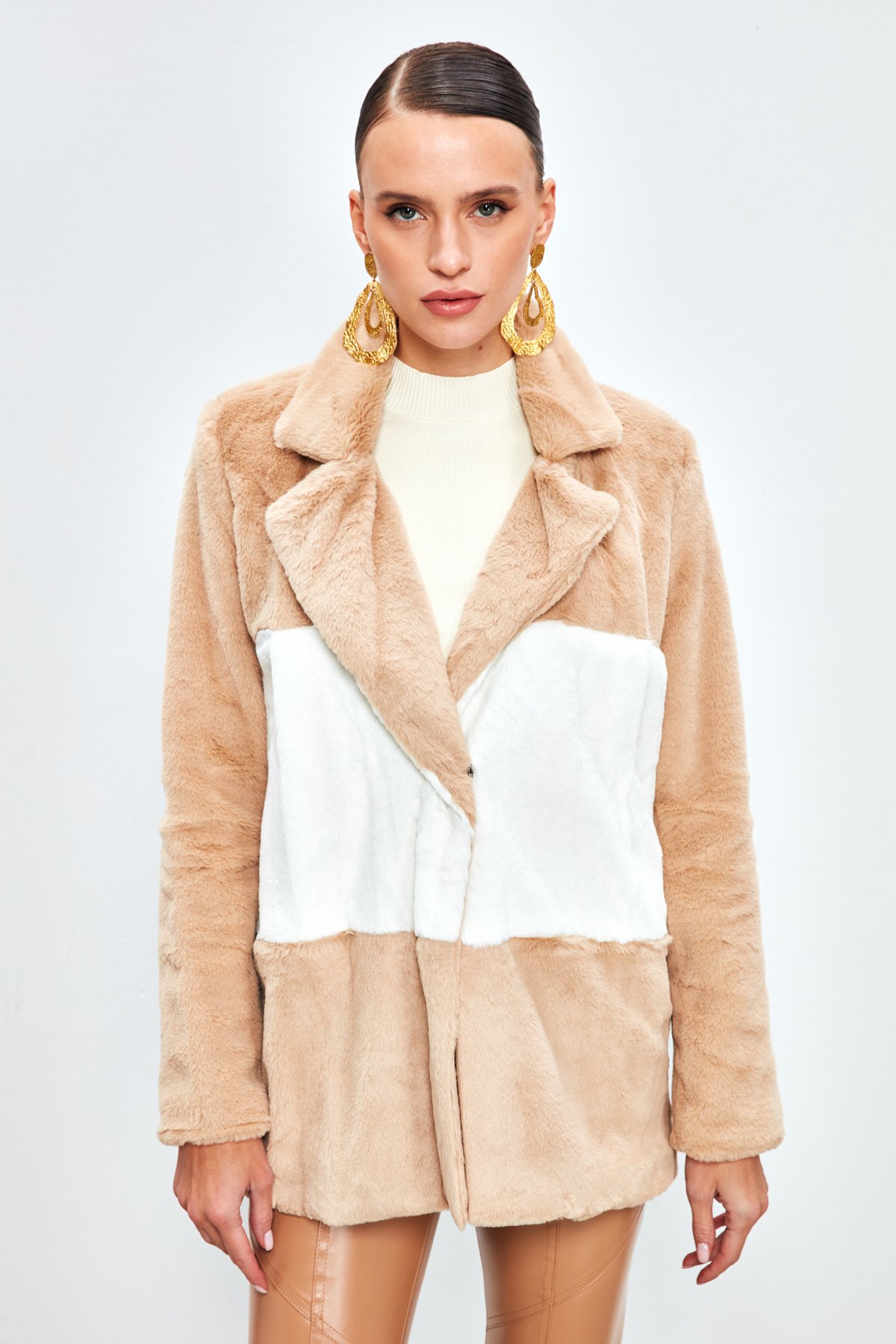 Çift Renk Peluş Ceket - TABA-EKRU