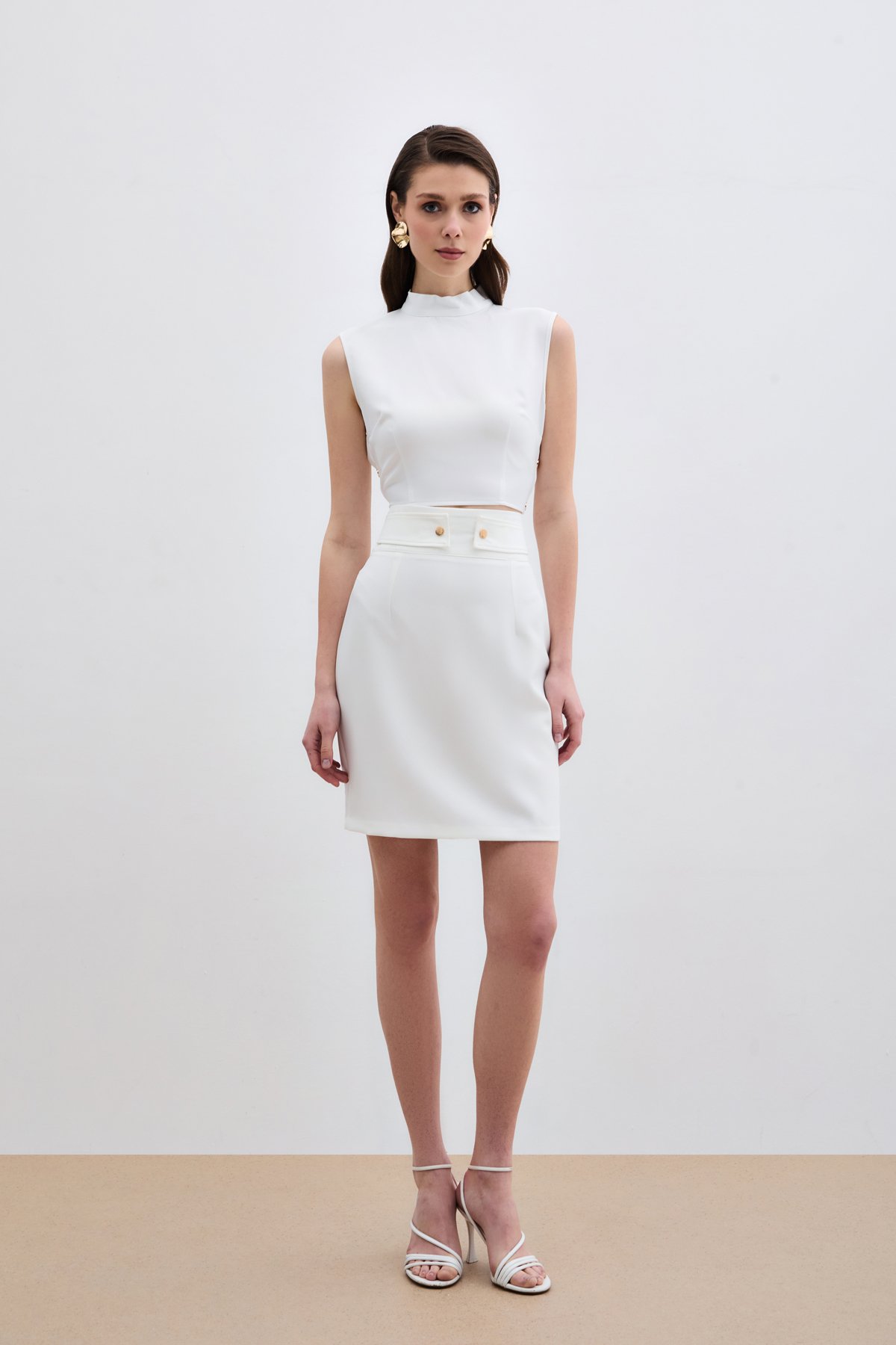 Çıt Aksesuarlı Mini Etek - Ekru