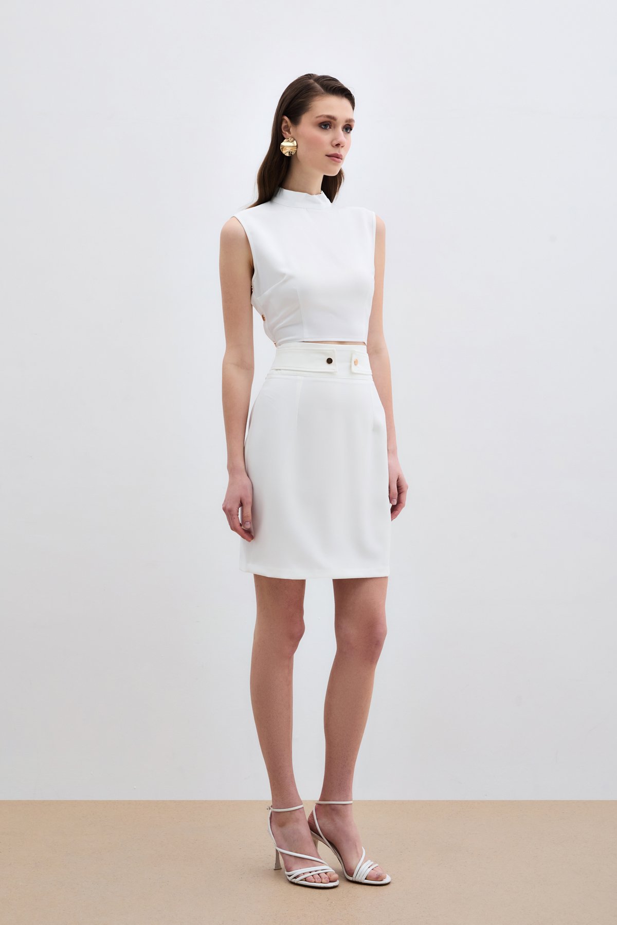 Çıt Aksesuarlı Mini Etek - Ekru