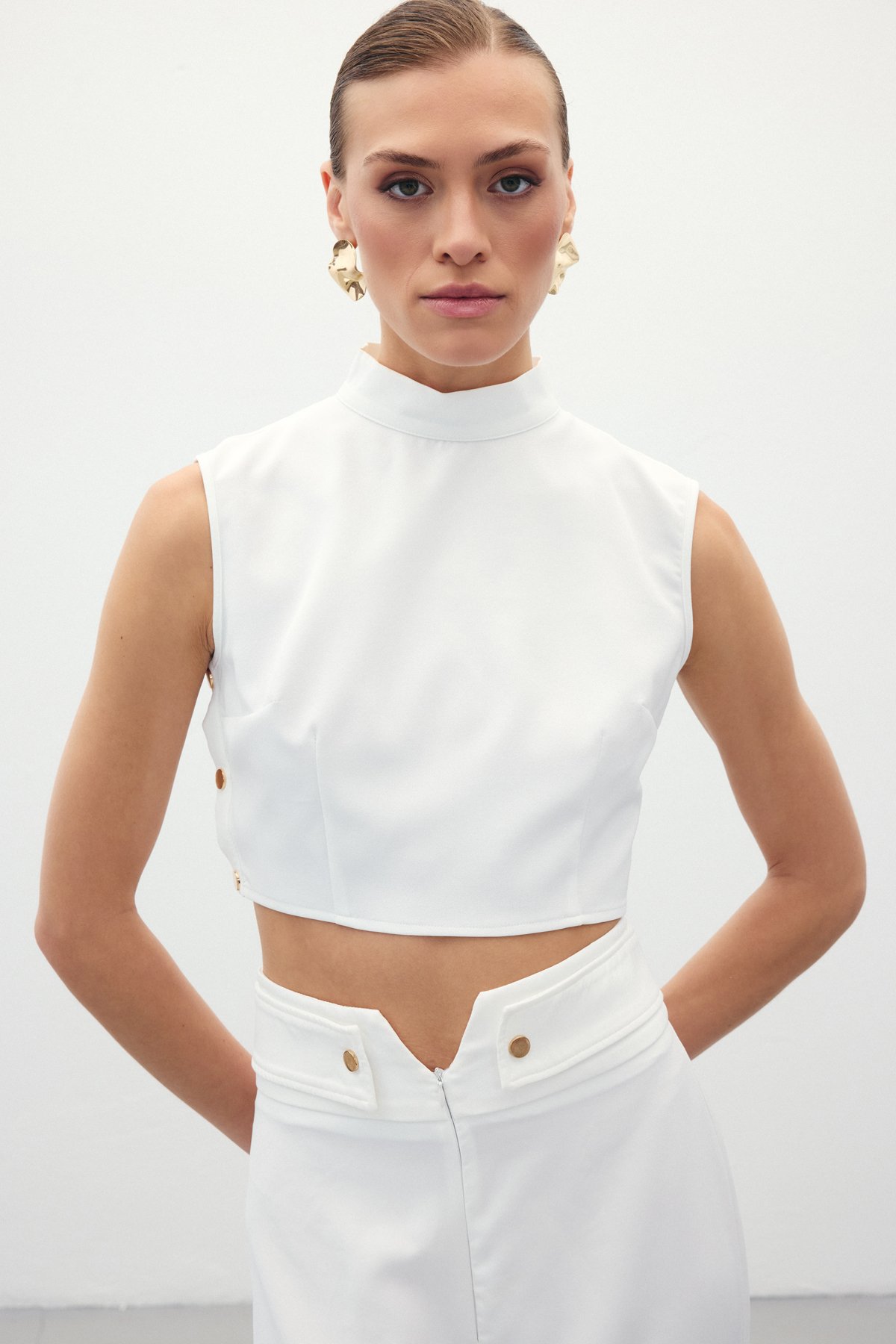 Çıt Çıt Detaylı Crop Bluz - Ekru