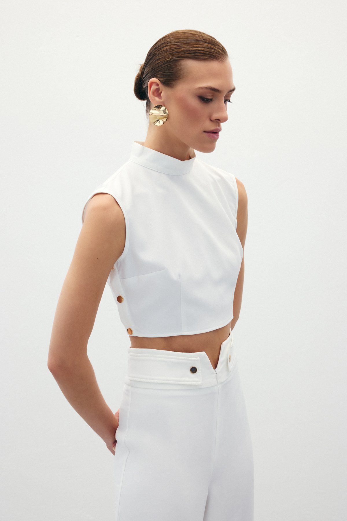 Çıt Çıt Detaylı Crop Bluz - Ekru