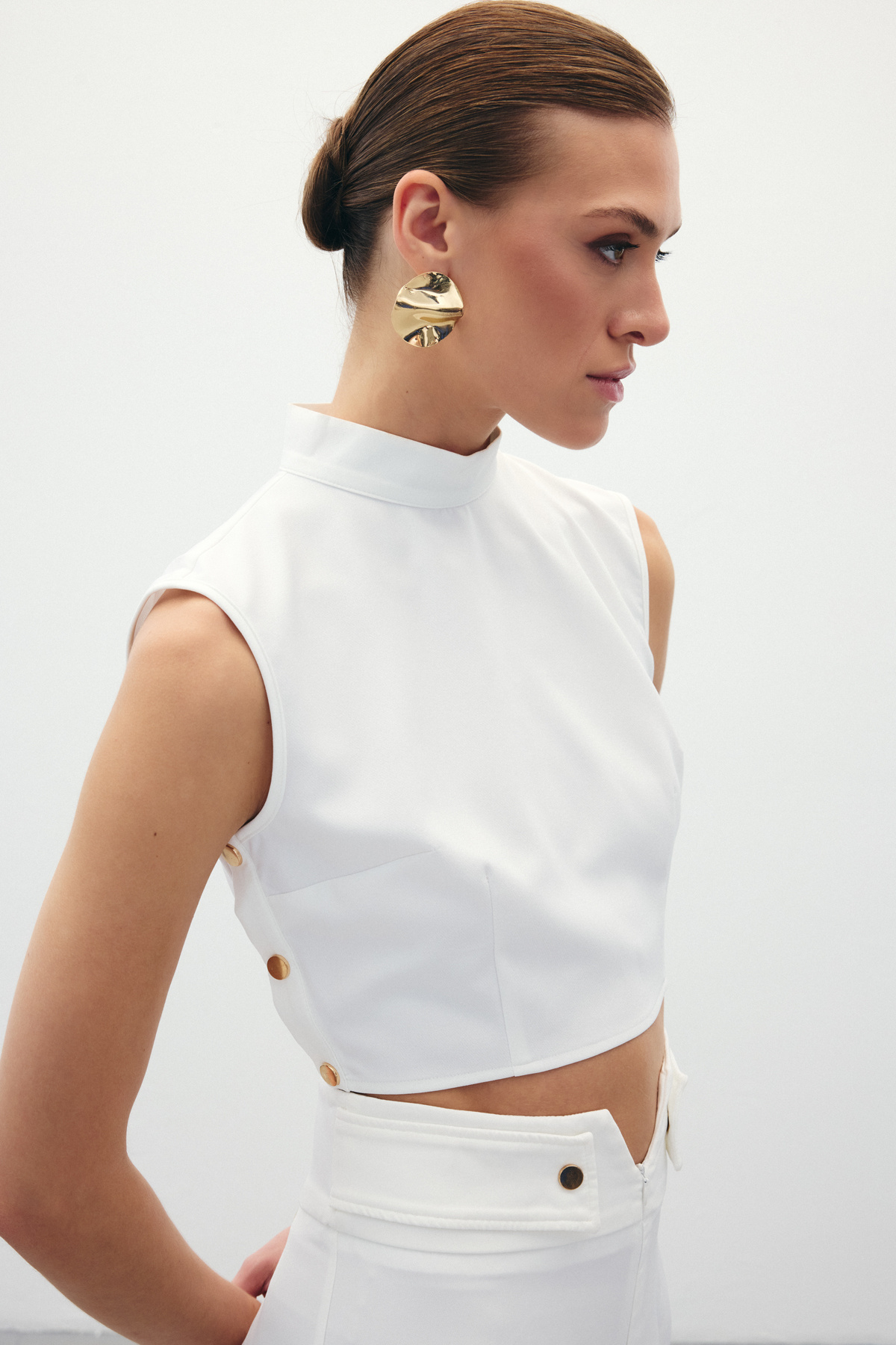 Çıt Çıt Detaylı Crop Bluz - Ekru