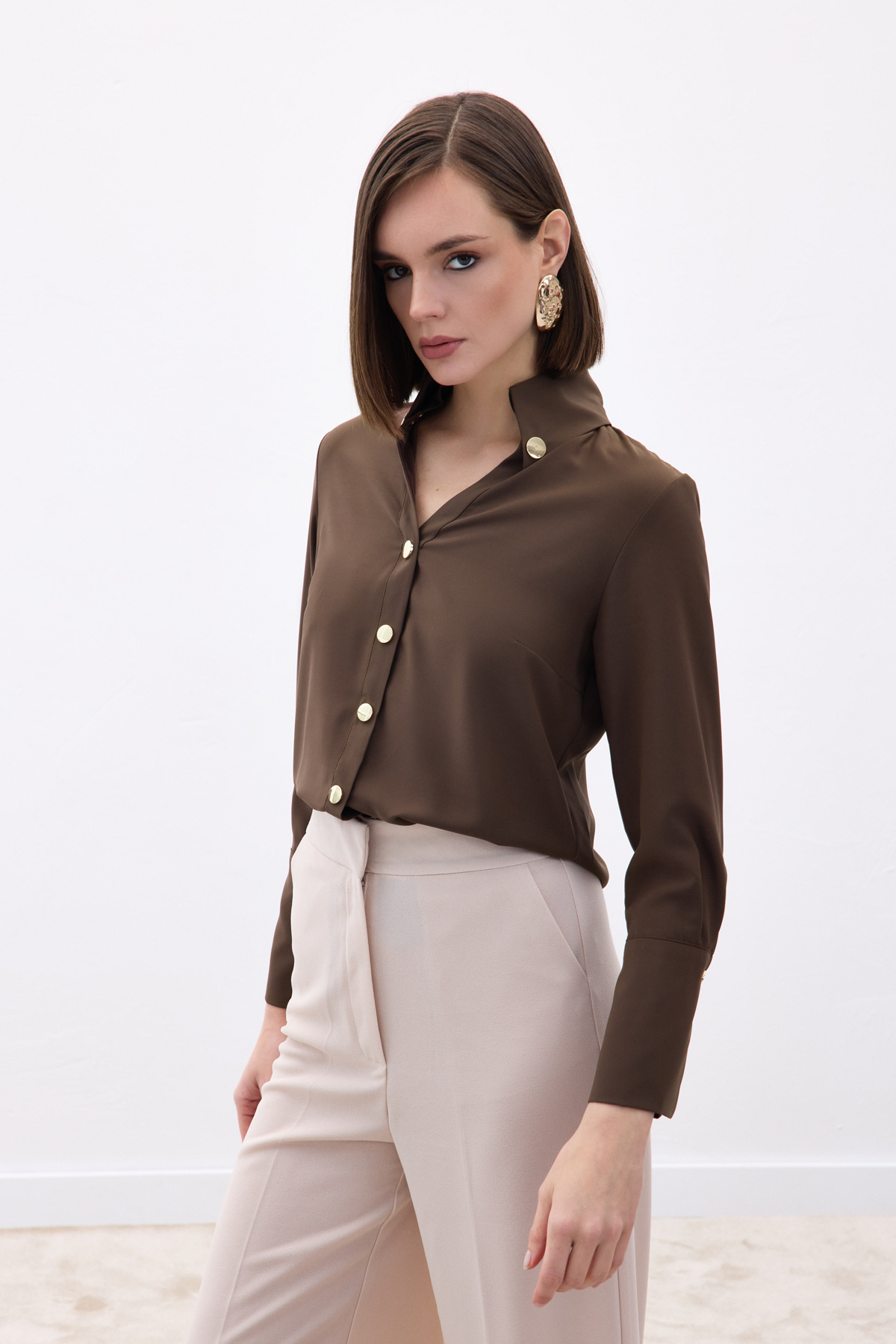 Snap Detail Shirt - Brown