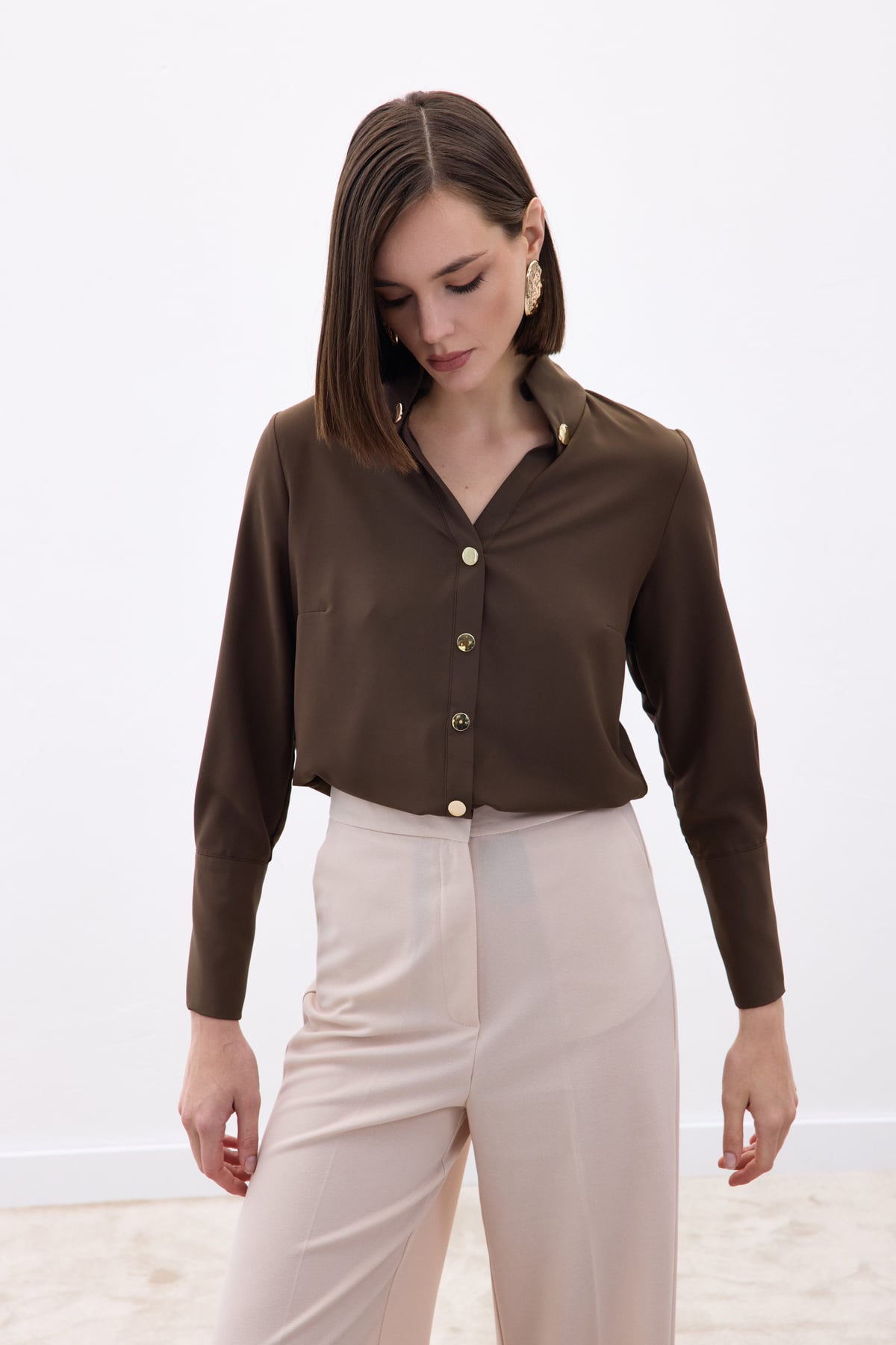 Snap Detail Shirt - Brown