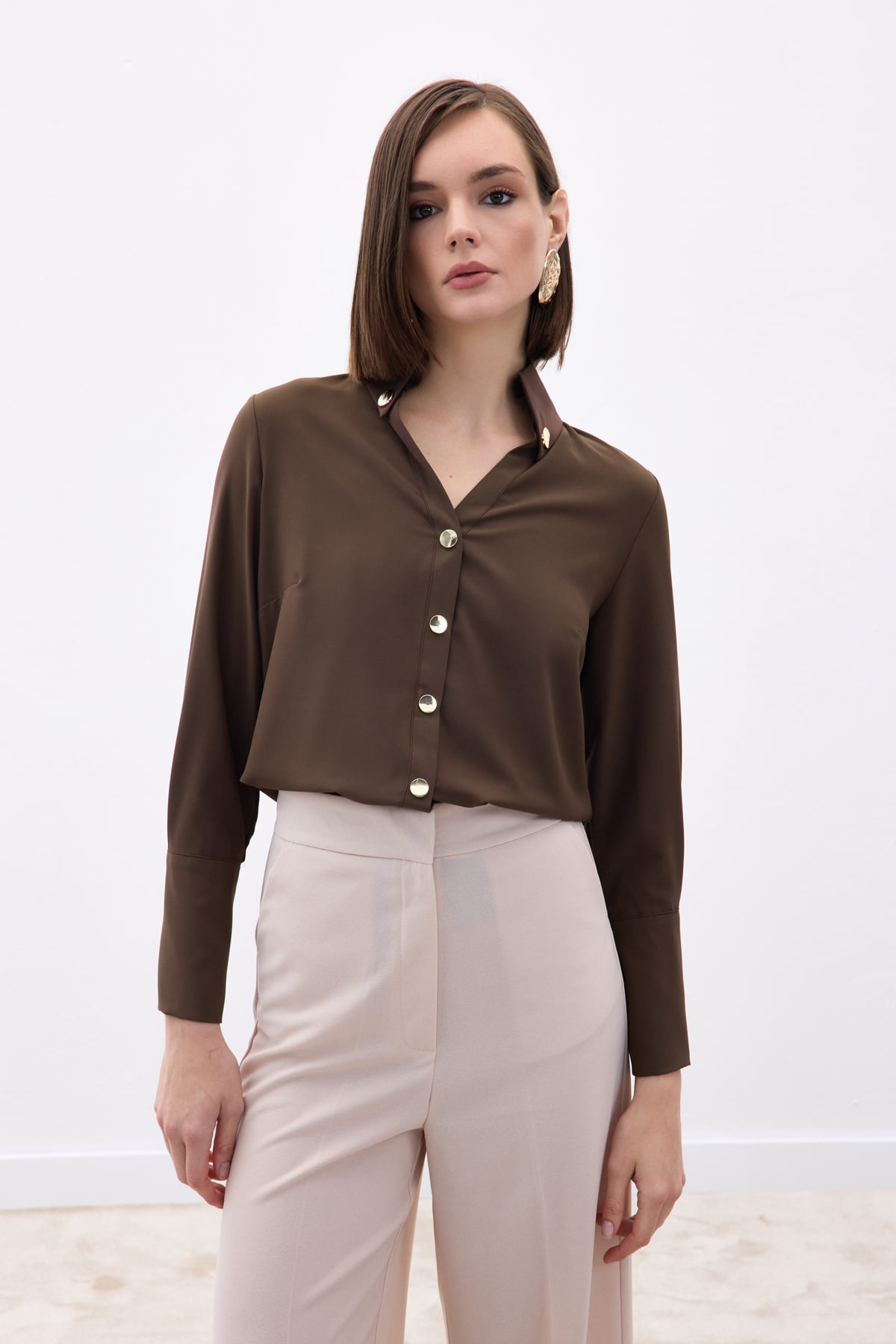 Snap Detail Shirt - Brown