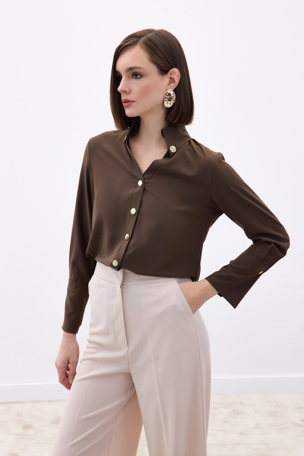 Snap Detail Shirt - Brown
