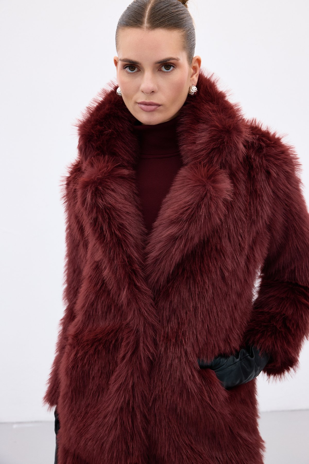 Çıt Çıt Detaylı Kürk - Bordo