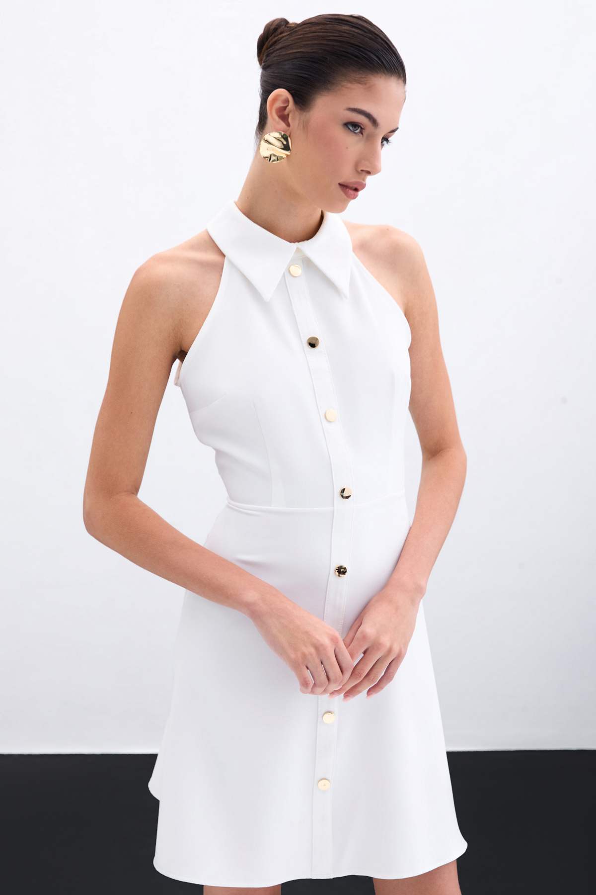 Çıt Çıtlı Kısa Elbise - Ekru