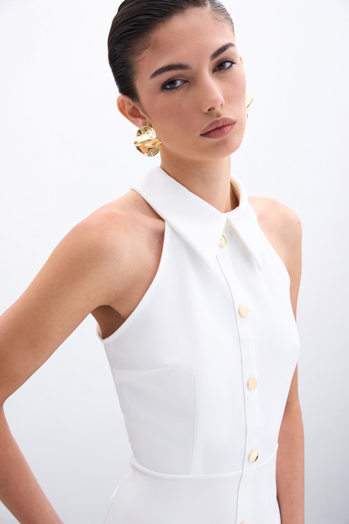 Çıt Çıtlı Kısa Elbise - Ekru