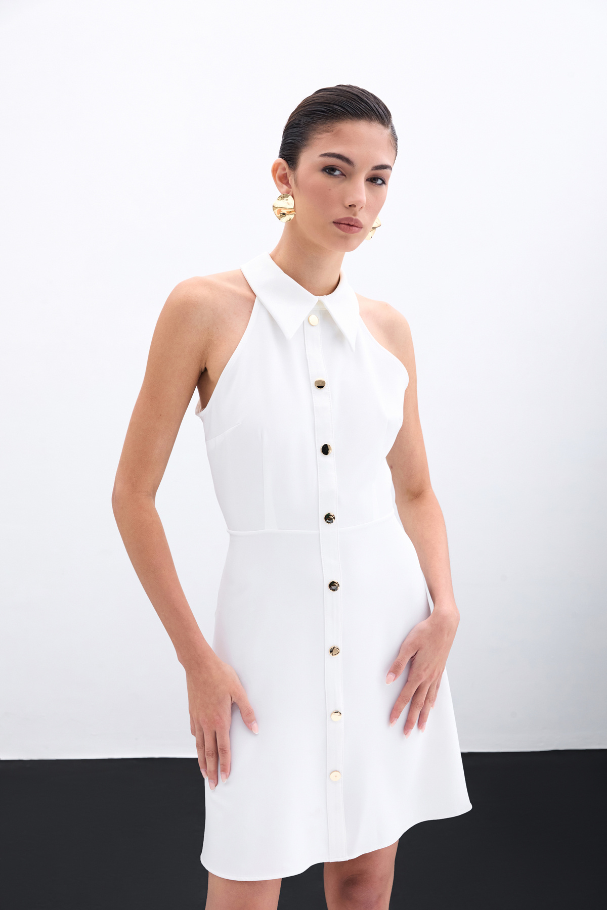 Çıt Çıtlı Kısa Elbise - Ekru