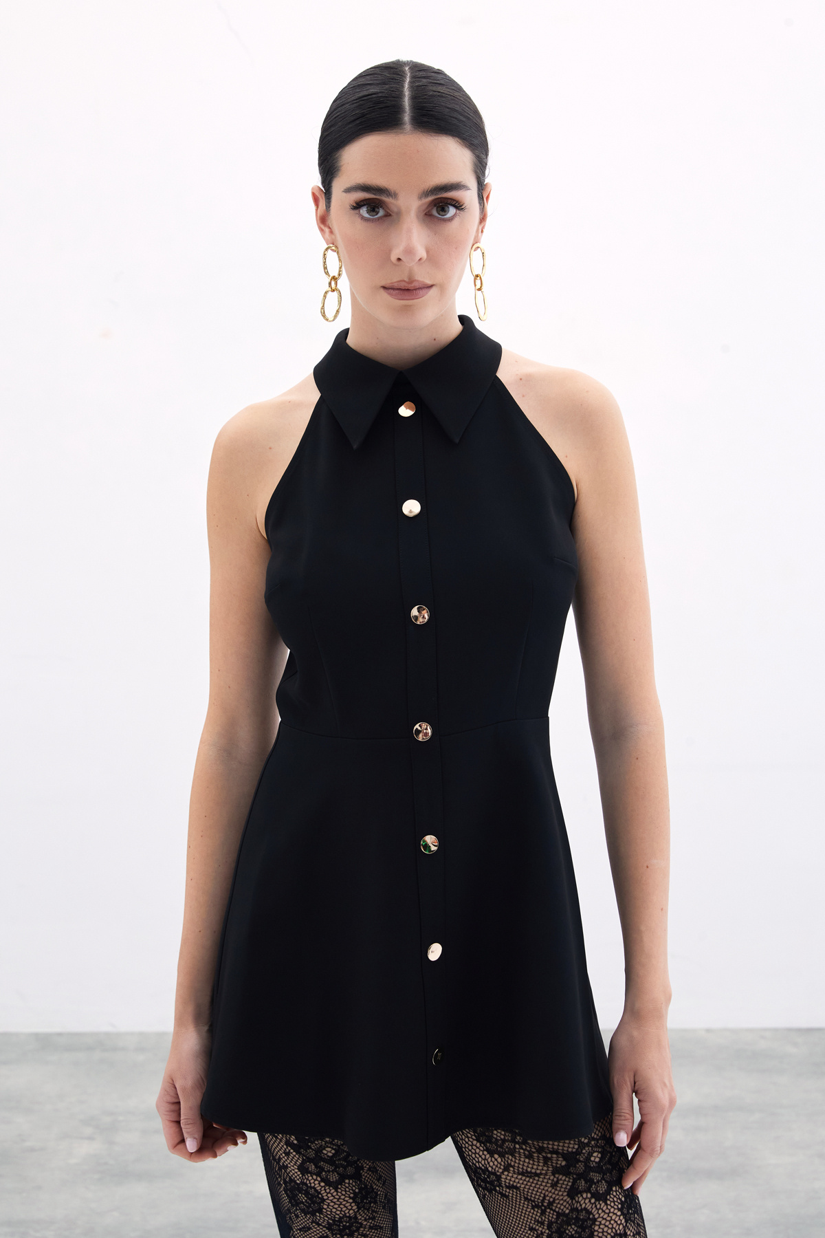 Çıt Çıtlı Kısa Elbise - Siyah