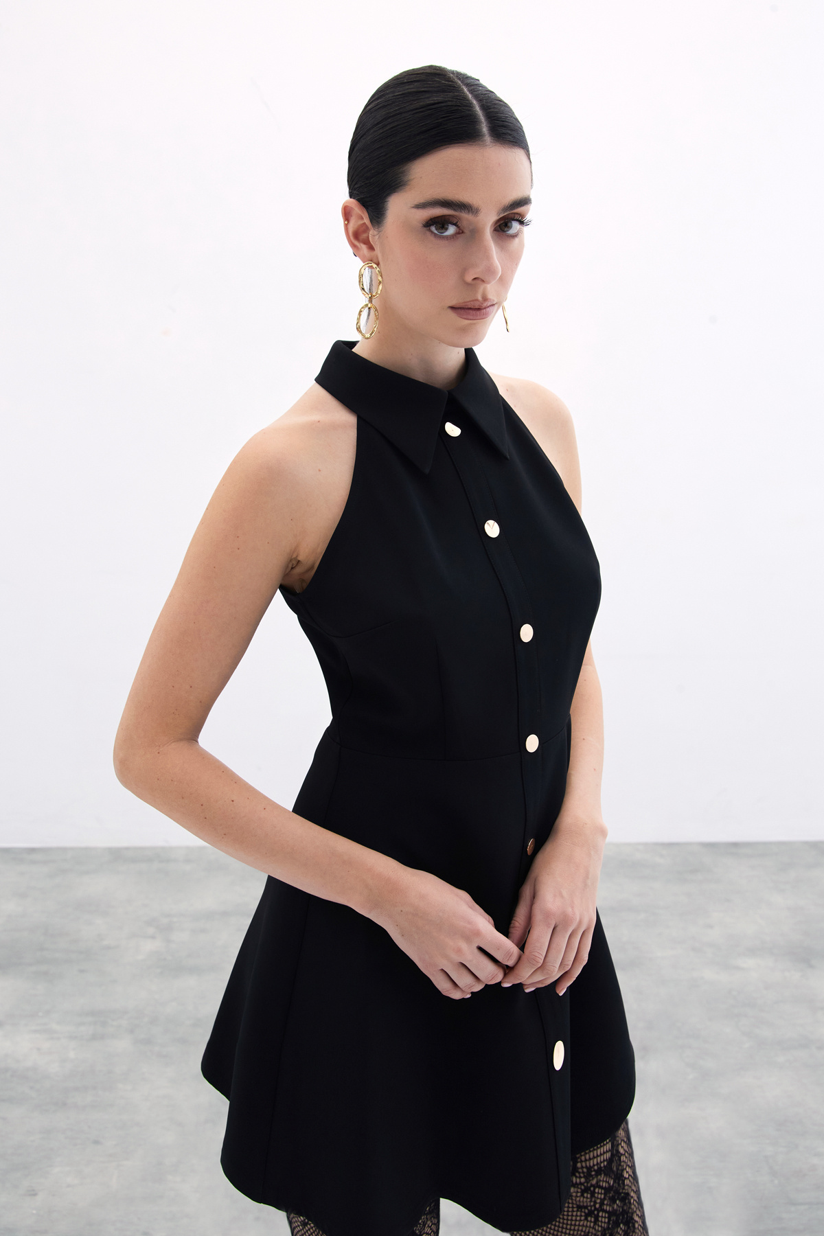 Çıt Çıtlı Kısa Elbise - Siyah