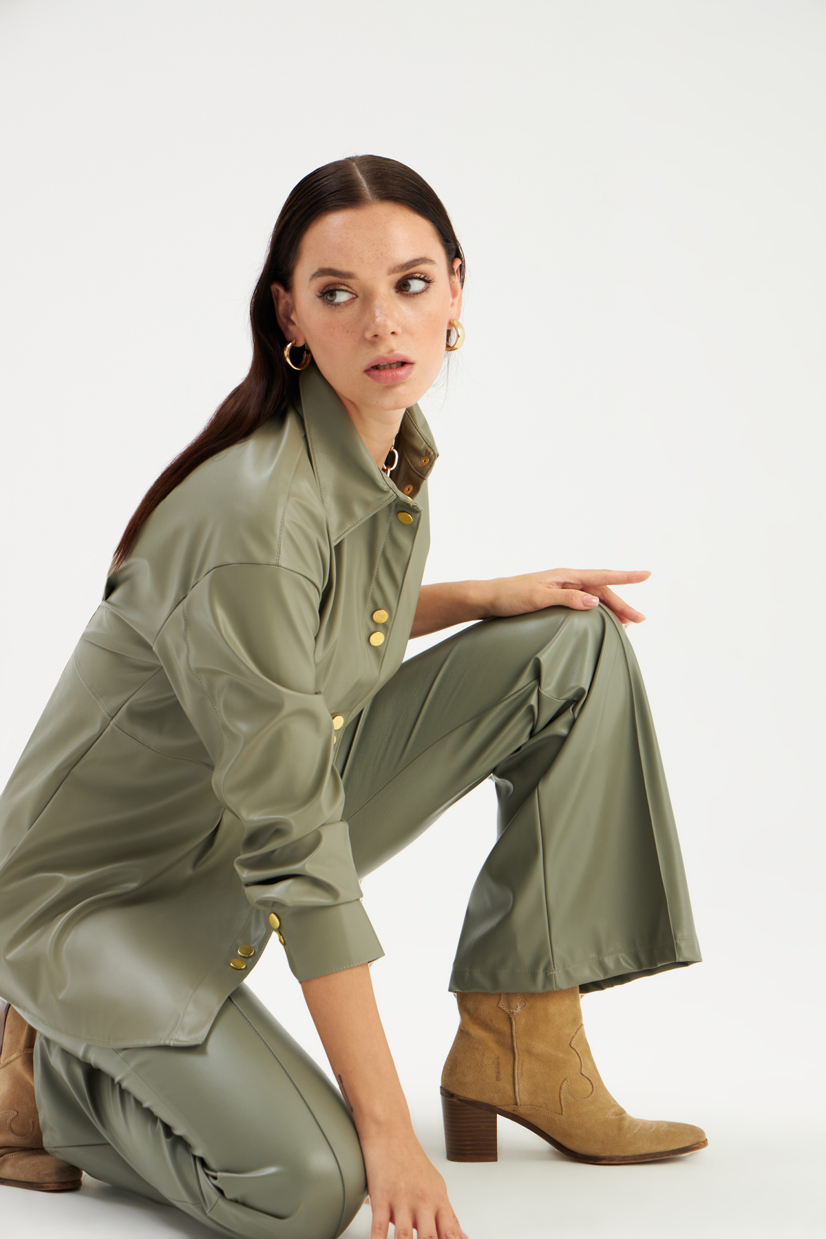Snap Detailed Long Leather Shirt - GREEN