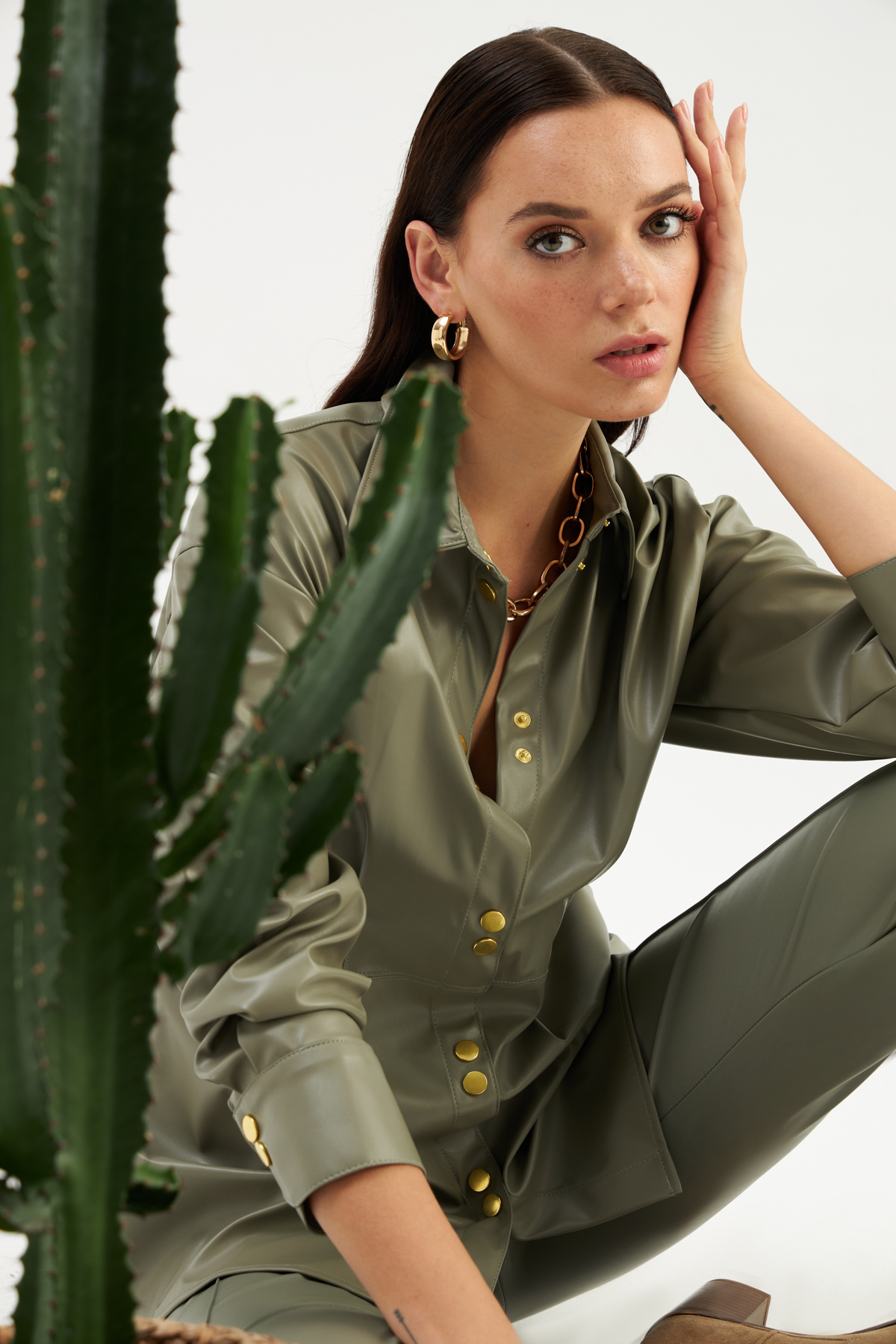 Snap Detailed Long Leather Shirt - GREEN