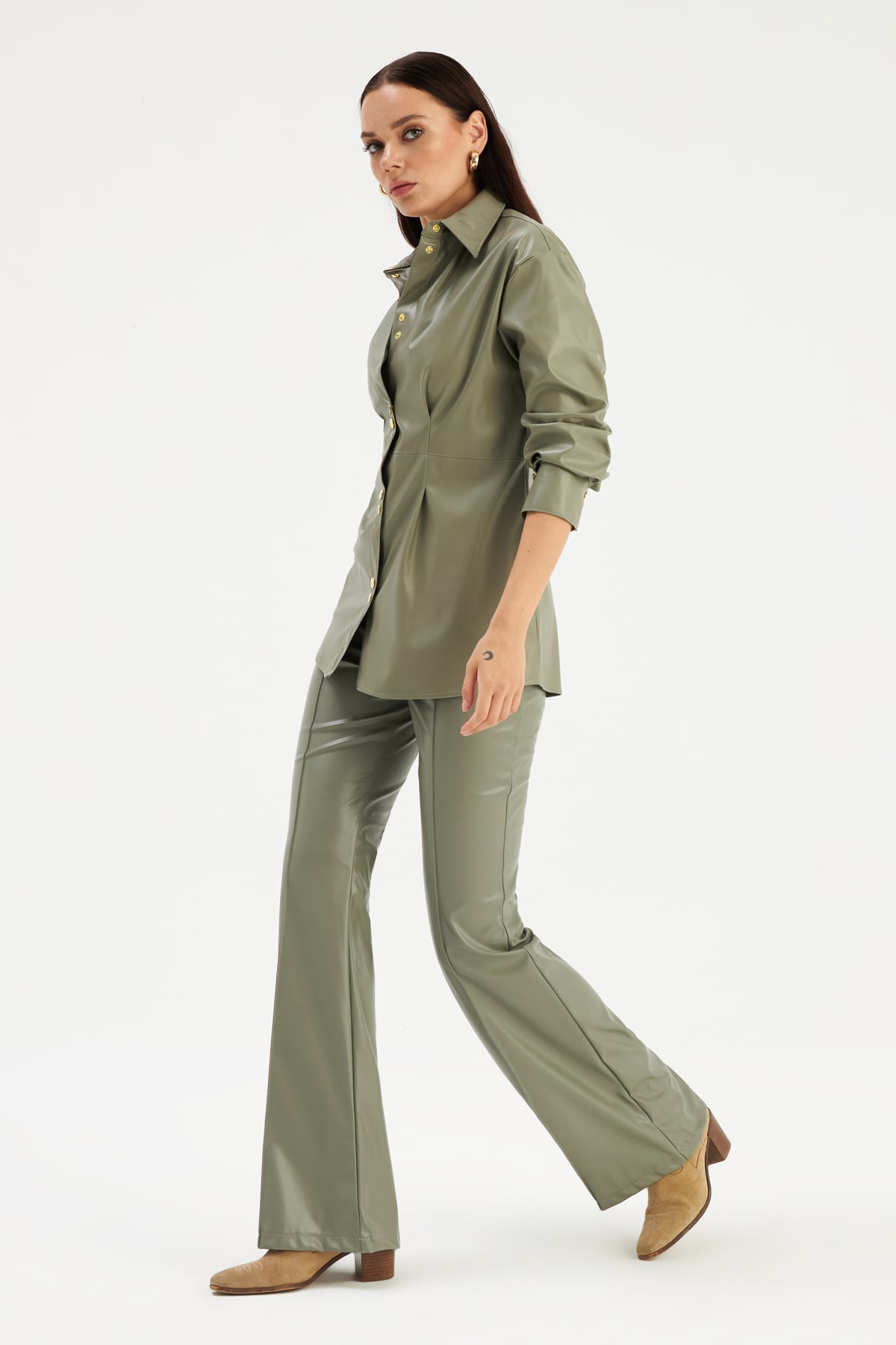 Snap Detailed Long Leather Shirt - GREEN