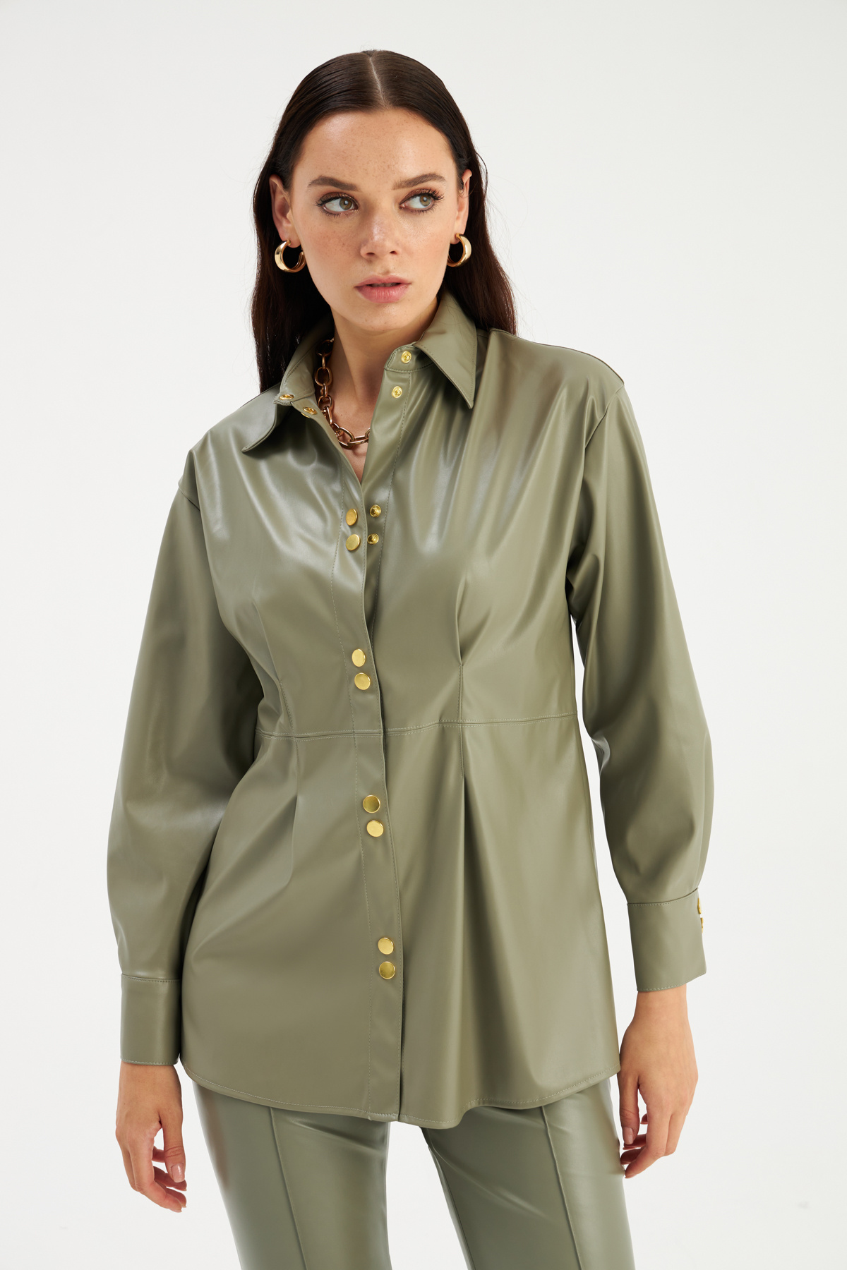 Snap Detailed Long Leather Shirt - GREEN