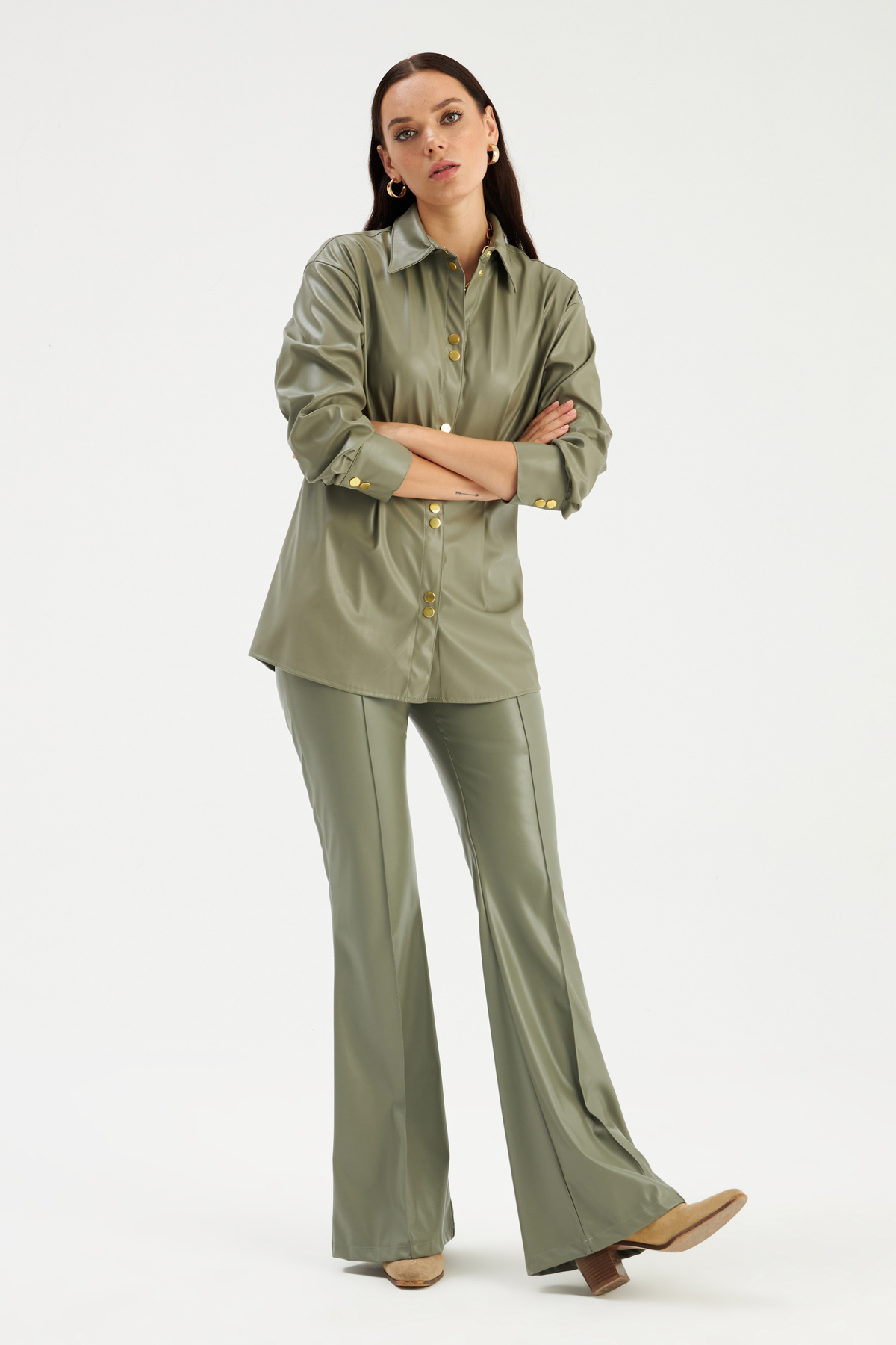 Snap Detailed Long Leather Shirt - GREEN