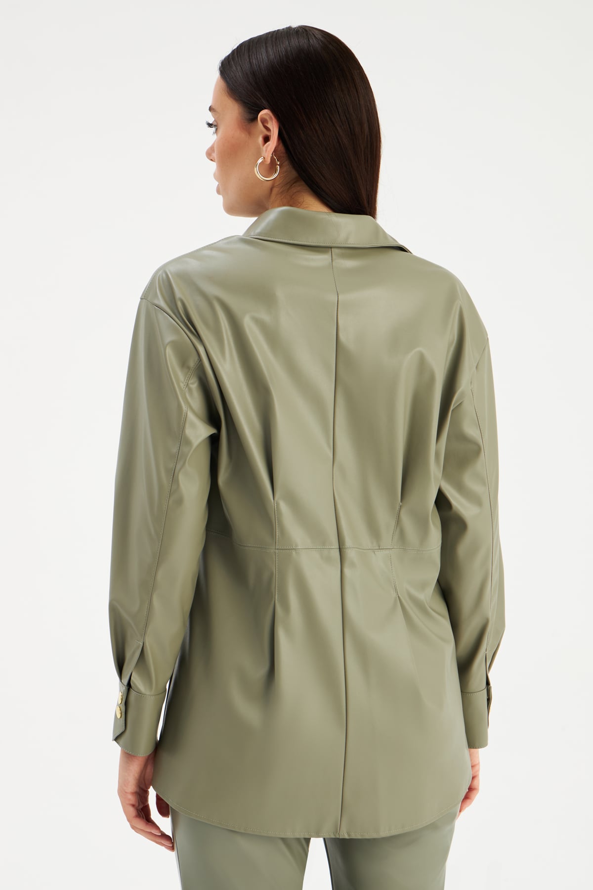 Snap Detailed Long Leather Shirt - GREEN