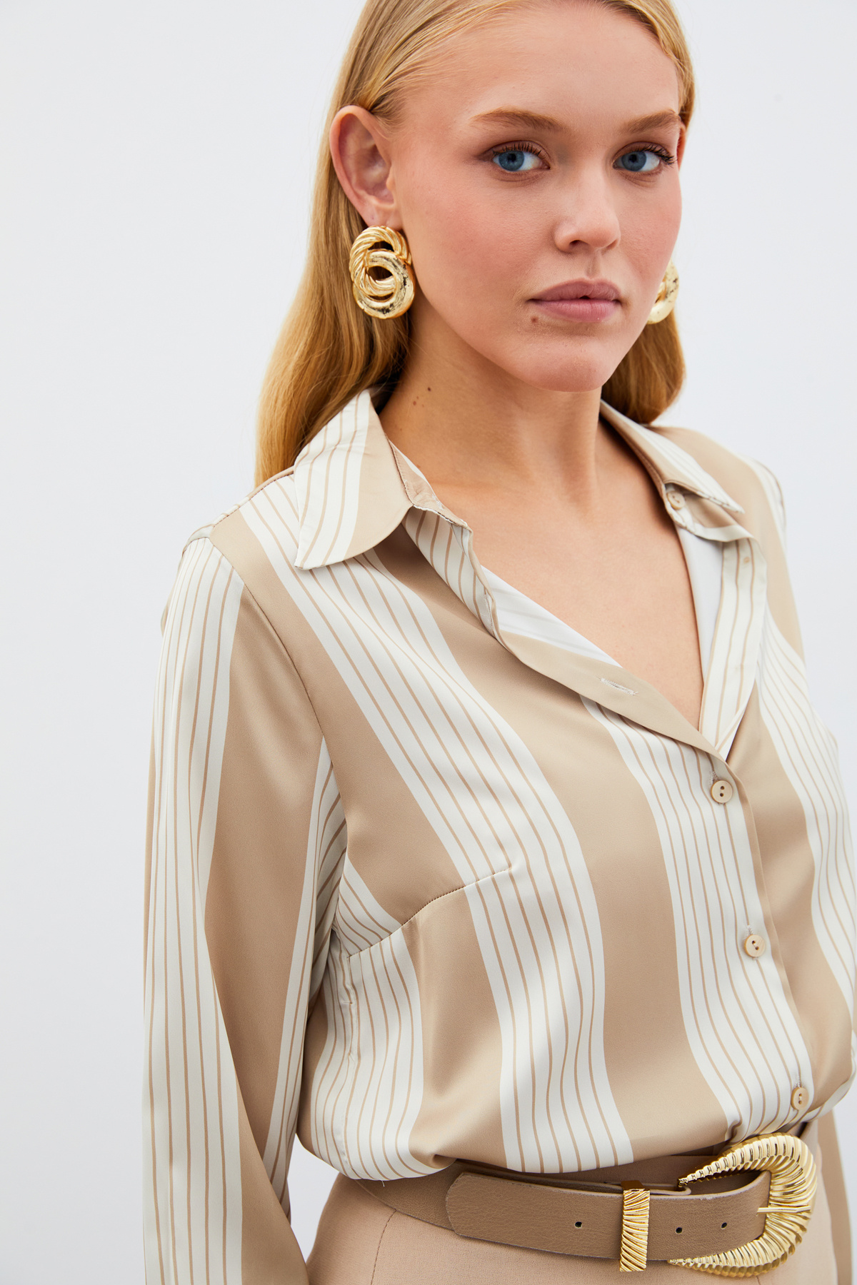 Çizgi Desenli Gömlek - BEJ