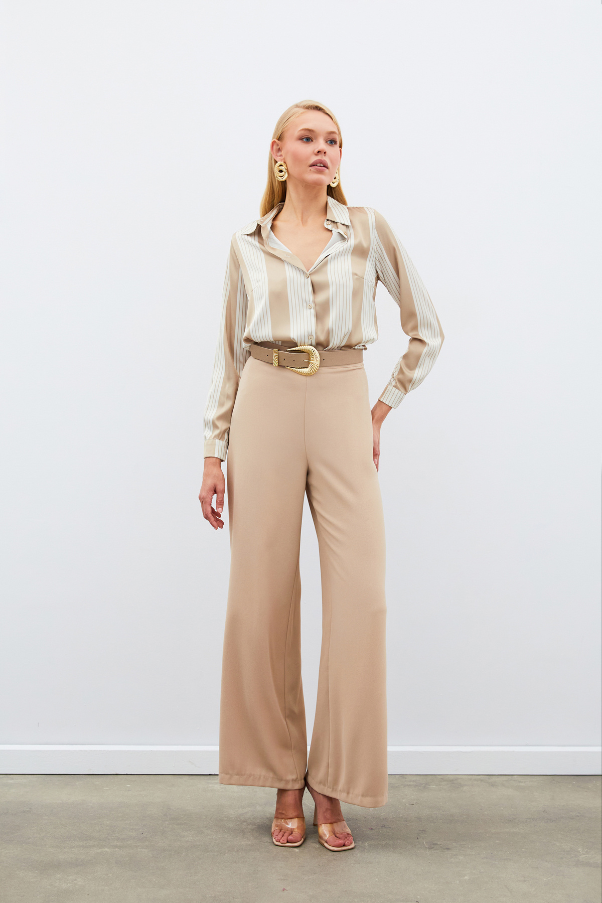 Çizgi Desenli Gömlek - BEJ