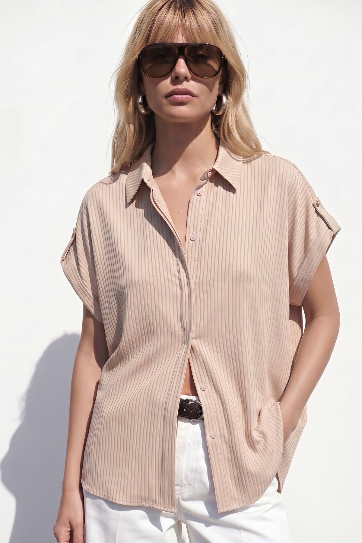 Striped Short-Sleeve Shirt - Beıge