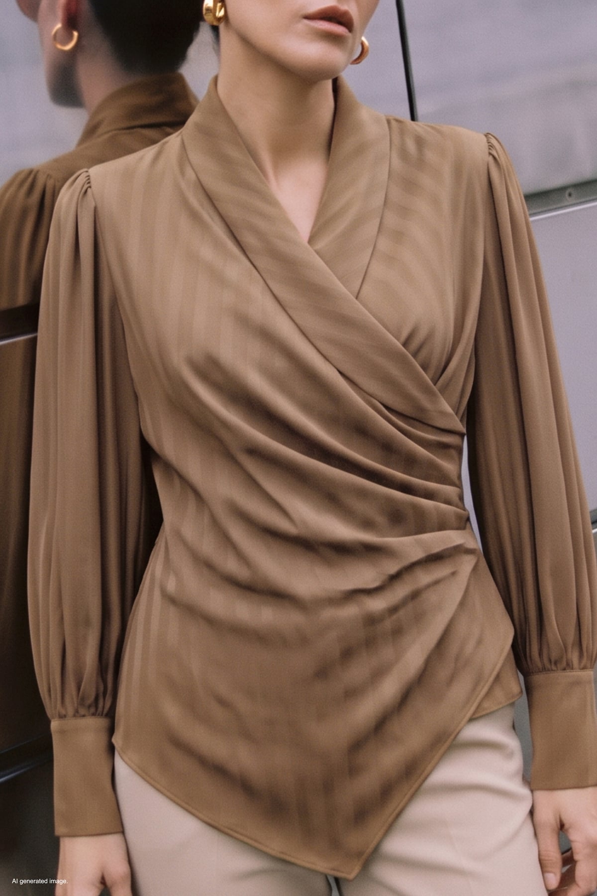 Striped Wrap Blouse - Coffee wıth mılk