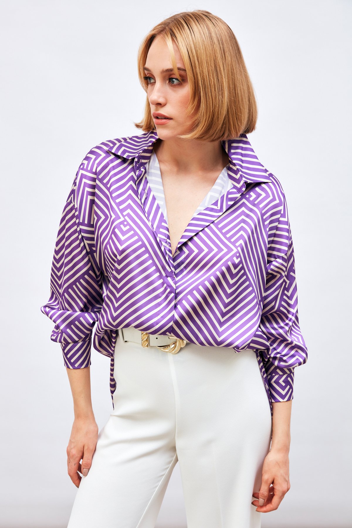 Çizgi Desenli Salaş Gömlek - MOR