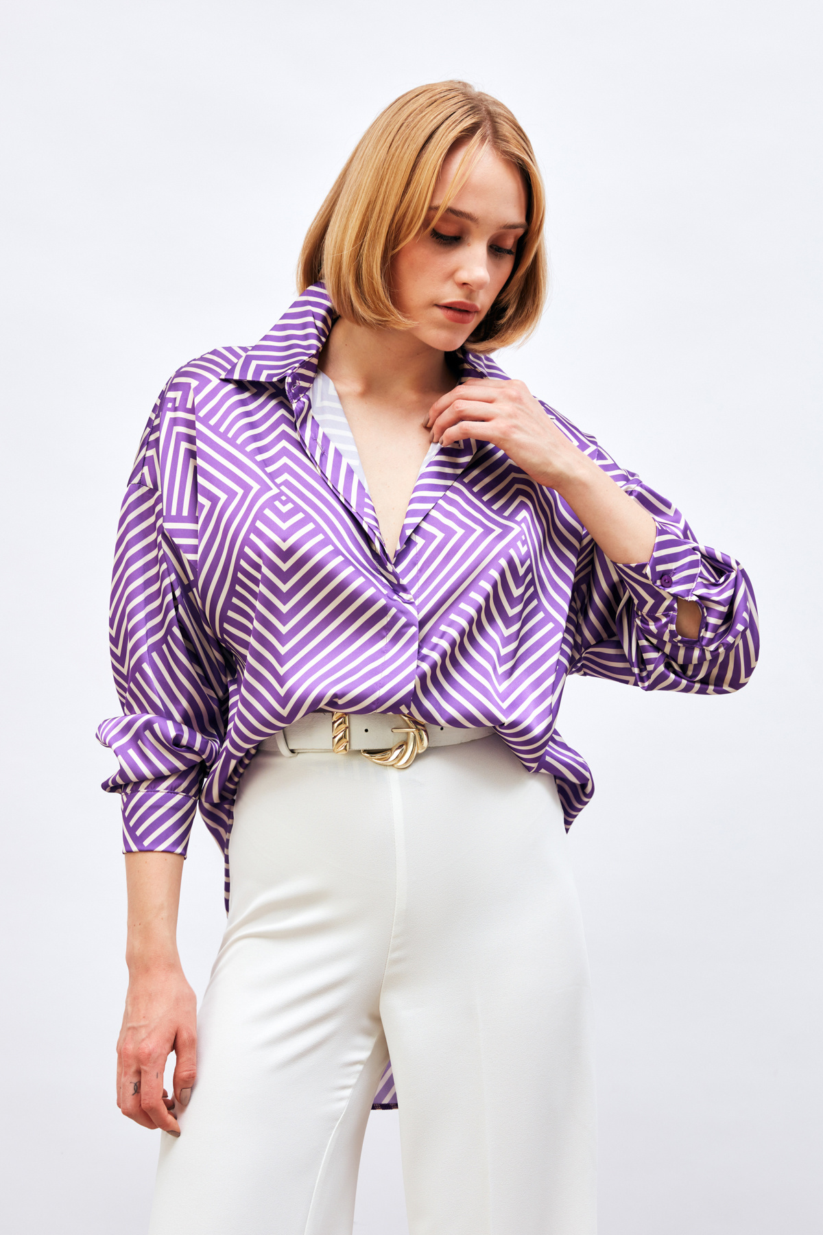 Çizgi Desenli Salaş Gömlek - MOR