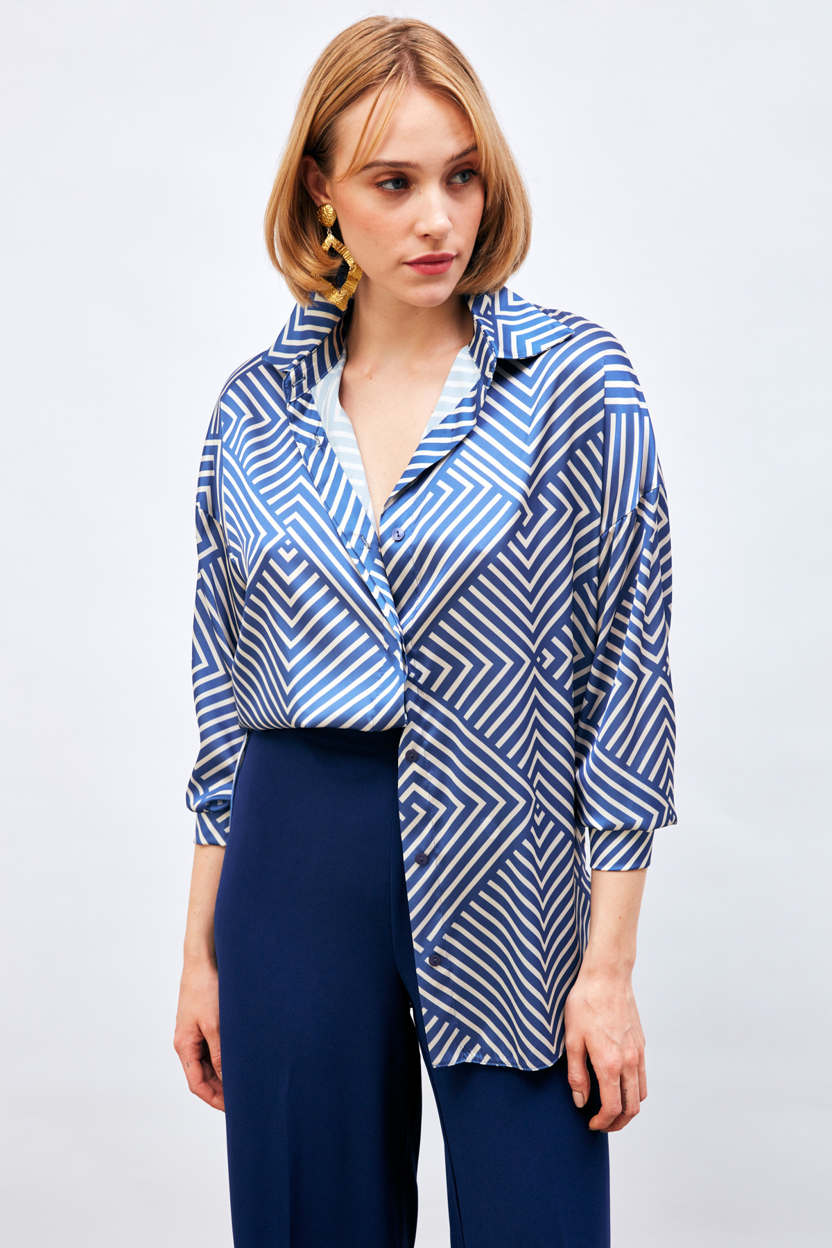 Çizgi Desenli Salaş Gömlek - SAX MAVİ