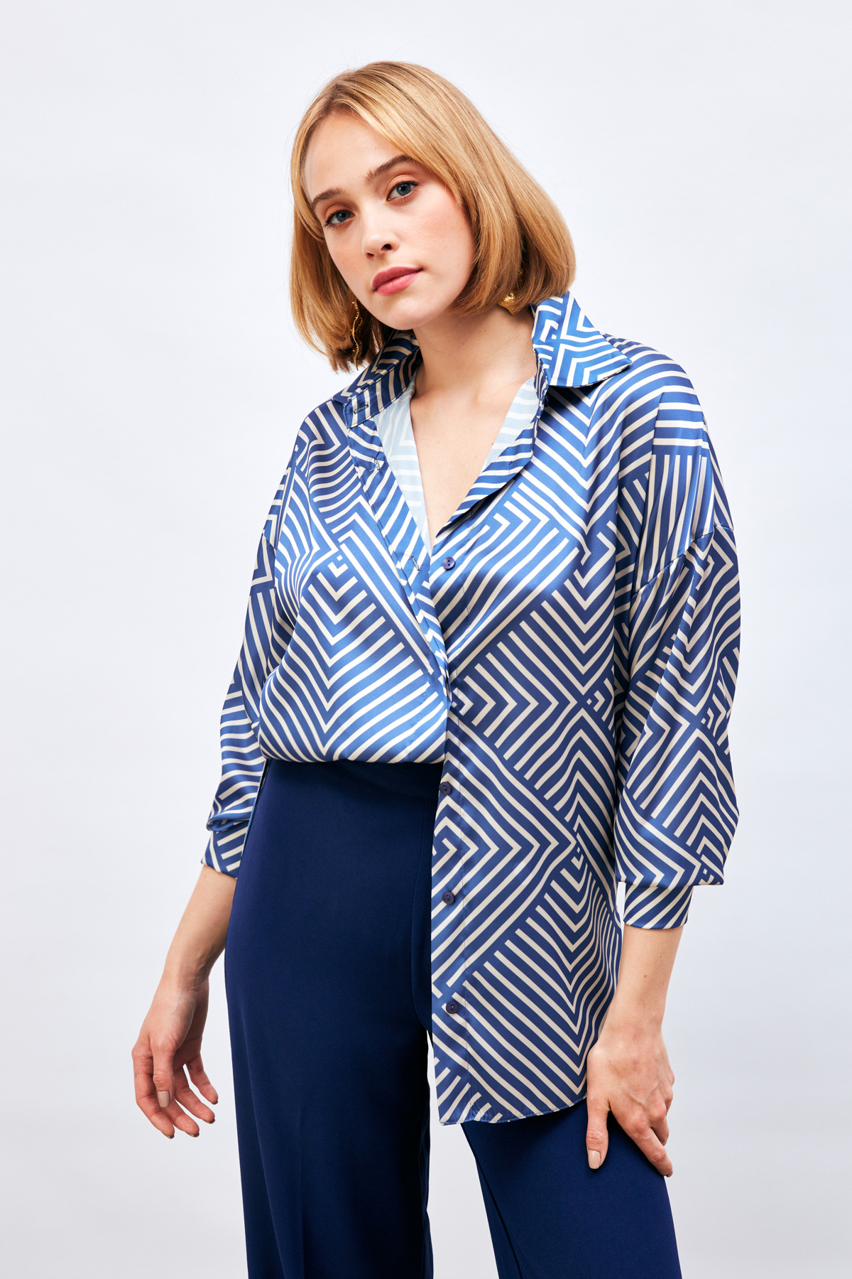 Çizgi Desenli Salaş Gömlek - SAX MAVİ