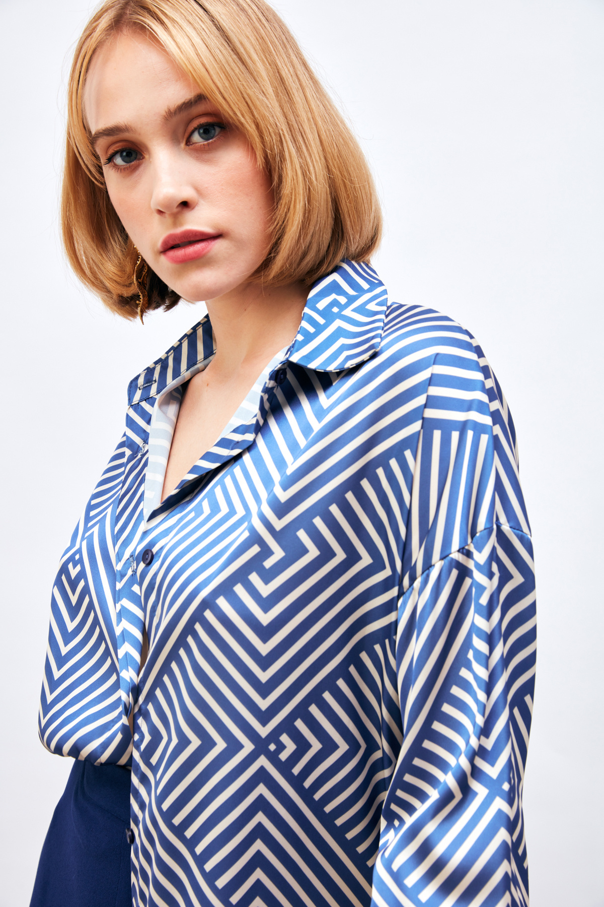 Çizgi Desenli Salaş Gömlek - SAX MAVİ