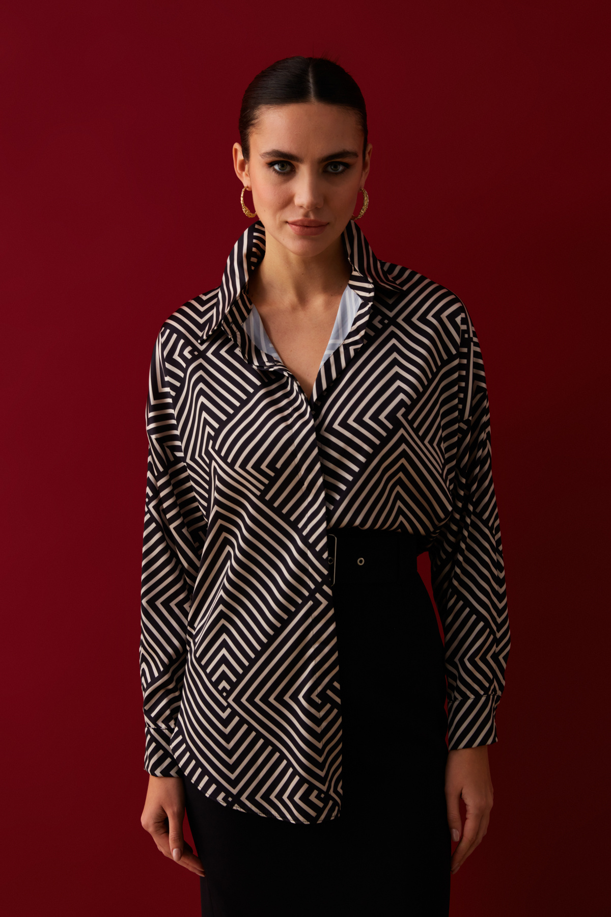 Çizgi Desenli Salaş Gömlek - SİYAH