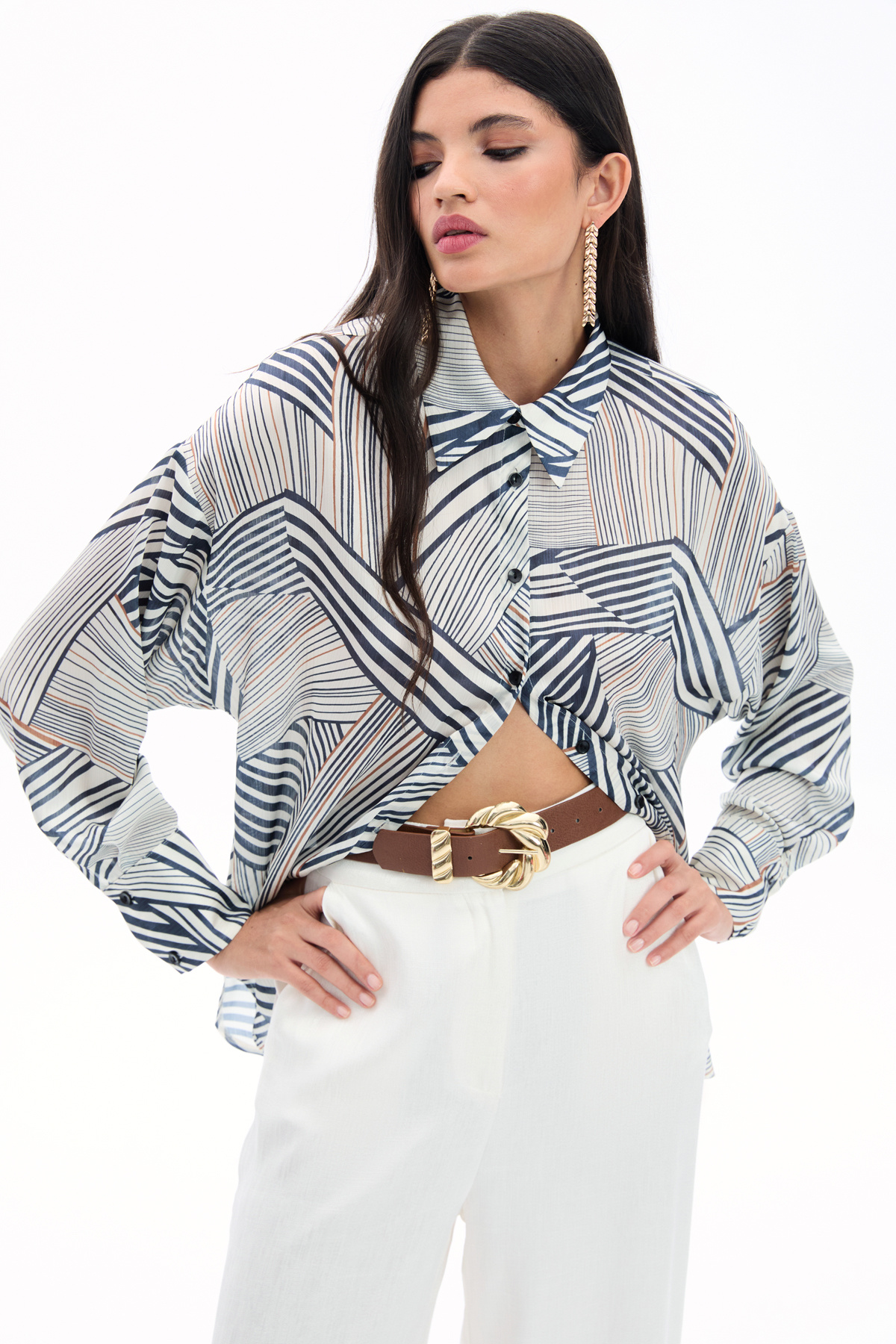 Çizgi Desenli Salaş Gömlek - Siyah